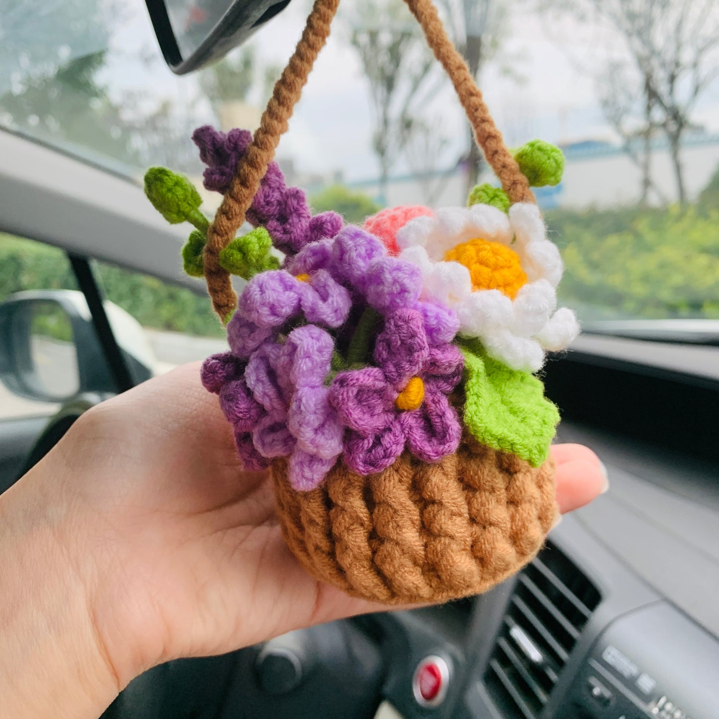 Cute flower basket kawaii Flower rose lavender Car Mirror Hanging Charm Decor Teens Interior Rear View Mirror car Accessories for Women