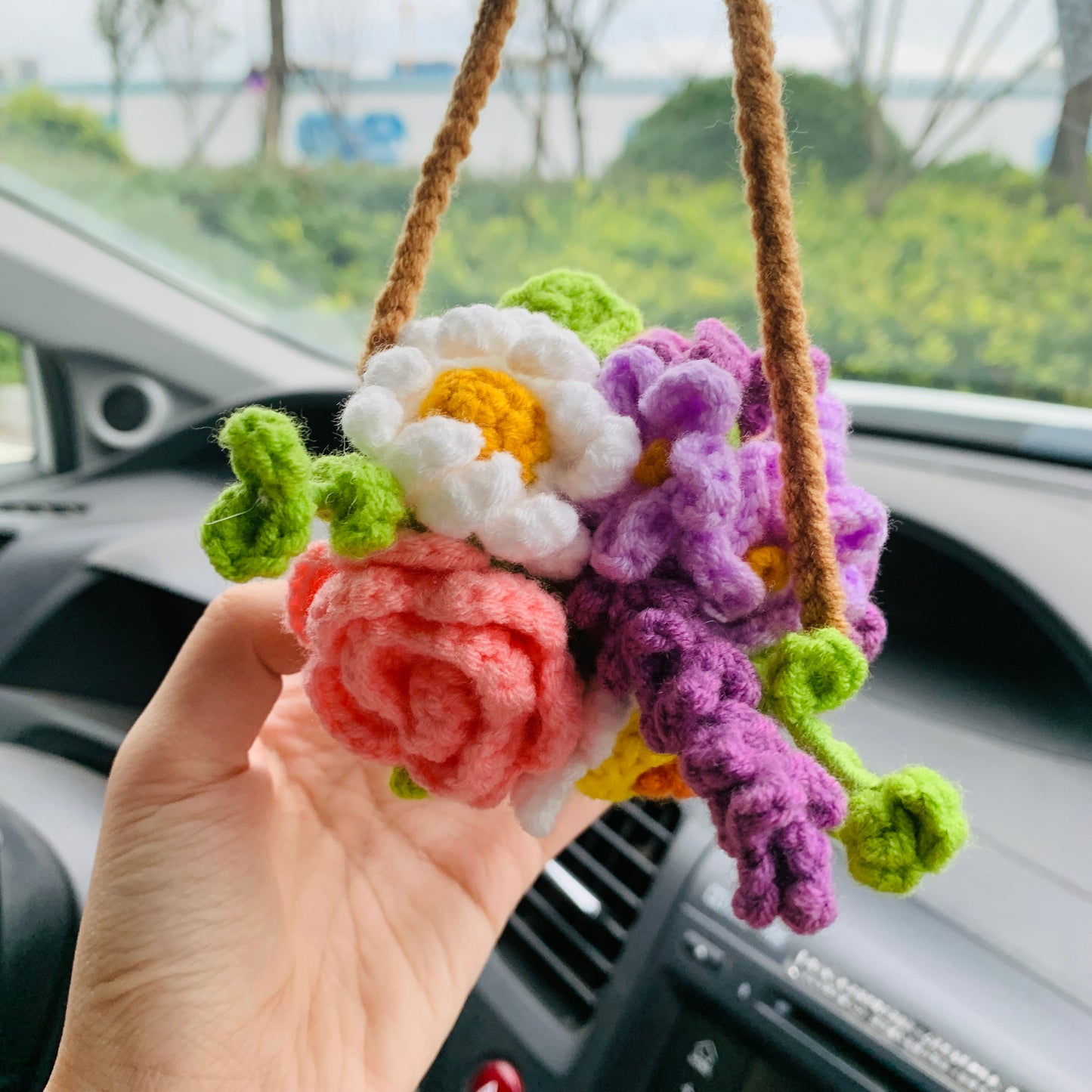 Cute flower basket kawaii Flower rose lavender Car Mirror Hanging Charm Decor Teens Interior Rear View Mirror car Accessories for Women