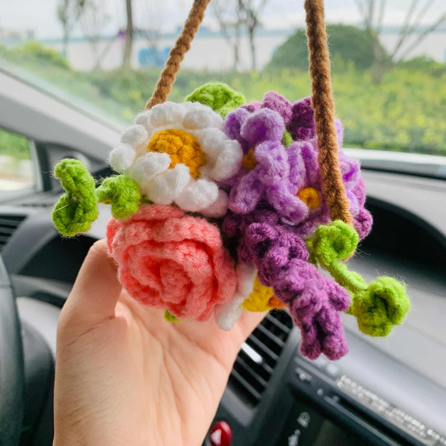 Cute flower basket kawaii Flower rose lavender Car Mirror Hanging Charm Decor Teens Interior Rear View Mirror car Accessories for Women