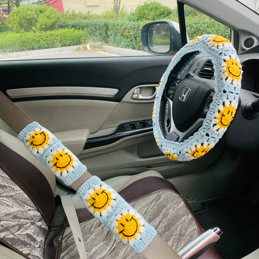 Handmade crochet cute smiley face Steering Wheel Cover for women,daisy flower seat belt Cover, Car interior Accessories decorations car gift