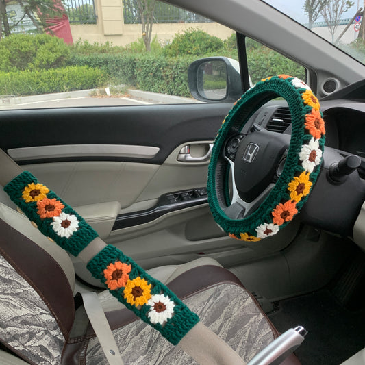 Handmade crochet Steering Wheel Cover for women, cute daisy flower seat belt Cover, Car interior Accessories decorations