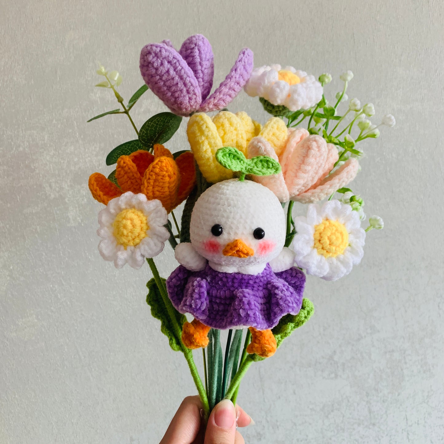 Crochet flowers, Duck with grass Tulip Daisy flower ornaments, cute A bunch of flower Anniversary bouquet Gift for her