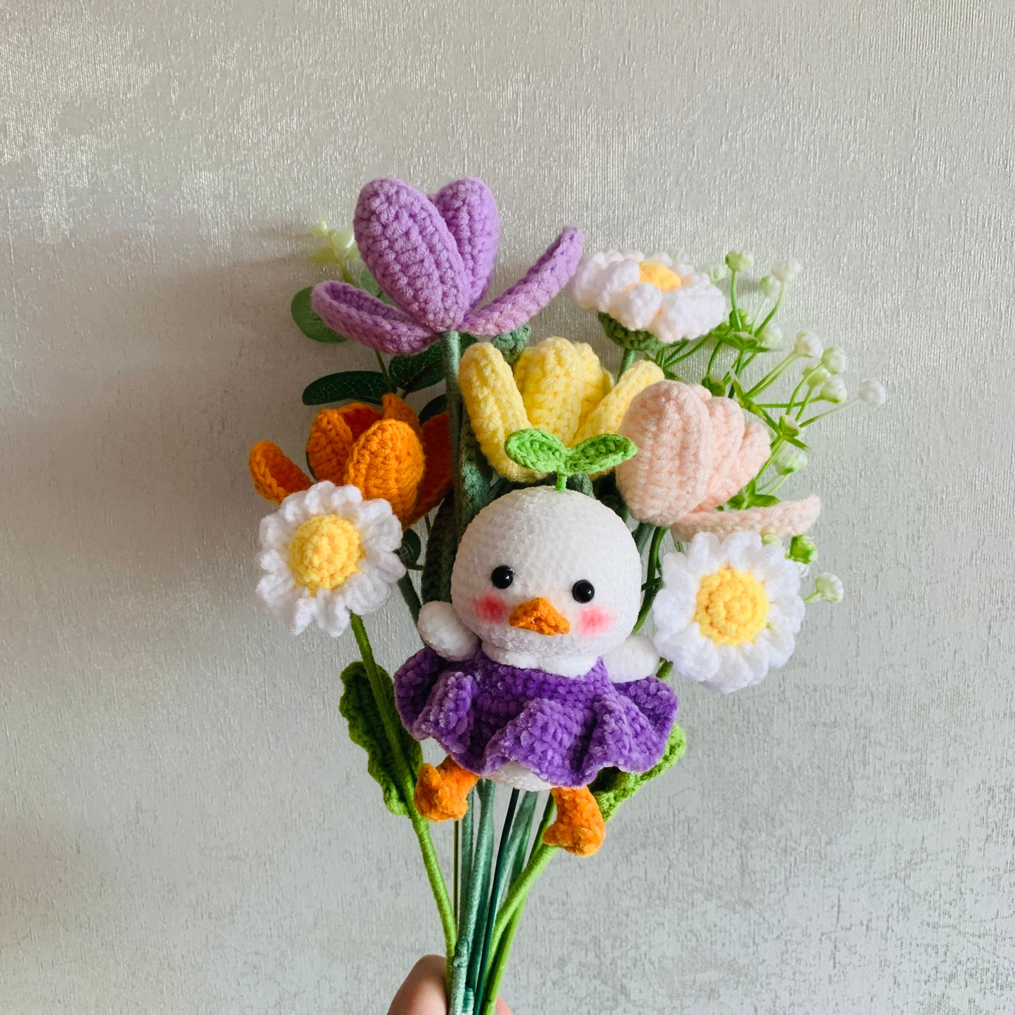 Crochet flowers, Duck with grass Tulip Daisy flower ornaments, cute A bunch of flower Anniversary bouquet Gift for her