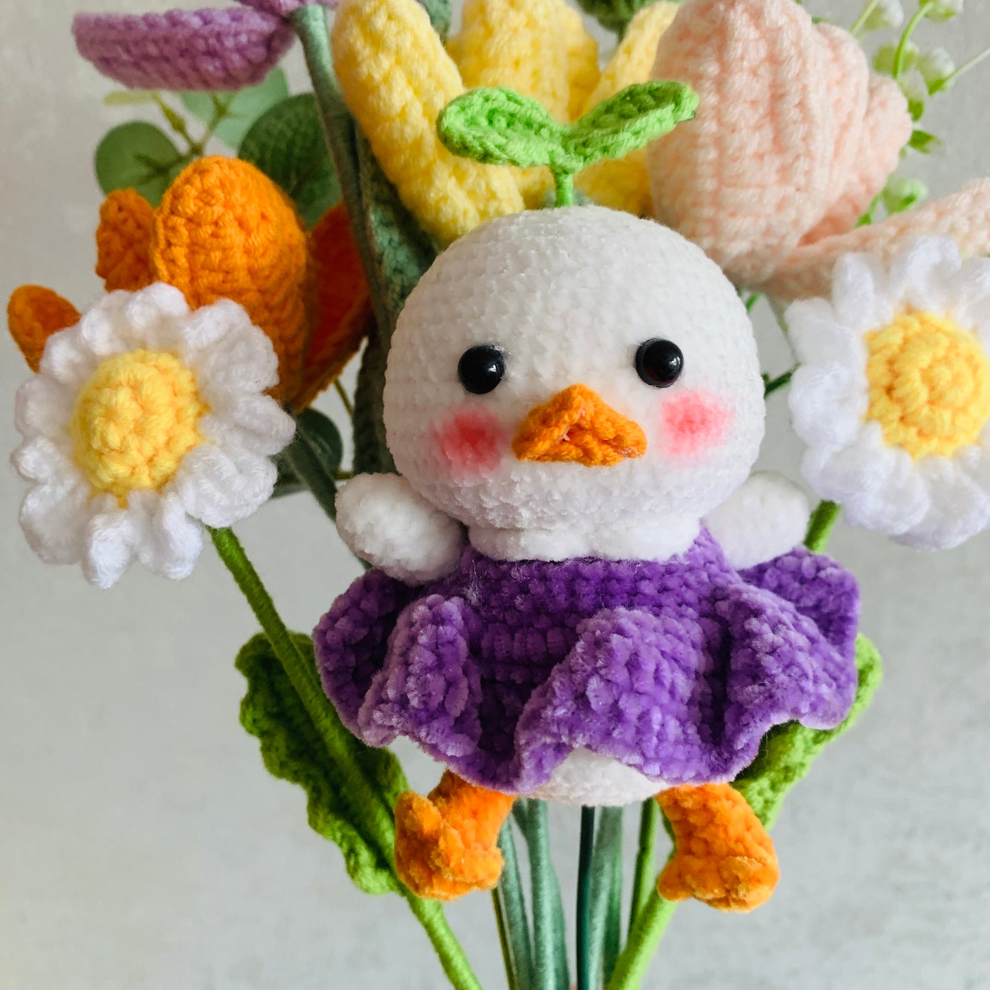 Crochet flowers, Duck with grass Tulip Daisy flower ornaments, cute A bunch of flower Anniversary bouquet Gift for her