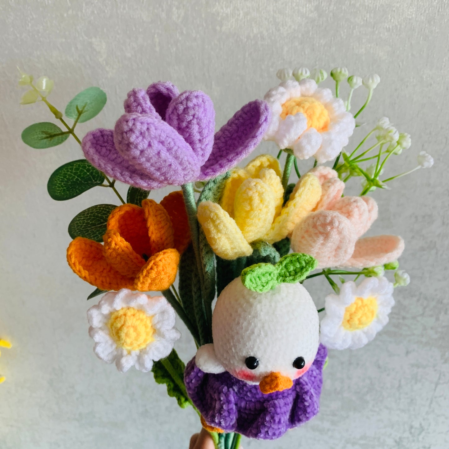 Crochet flowers, Duck with grass Tulip Daisy flower ornaments, cute A bunch of flower Anniversary bouquet Gift for her