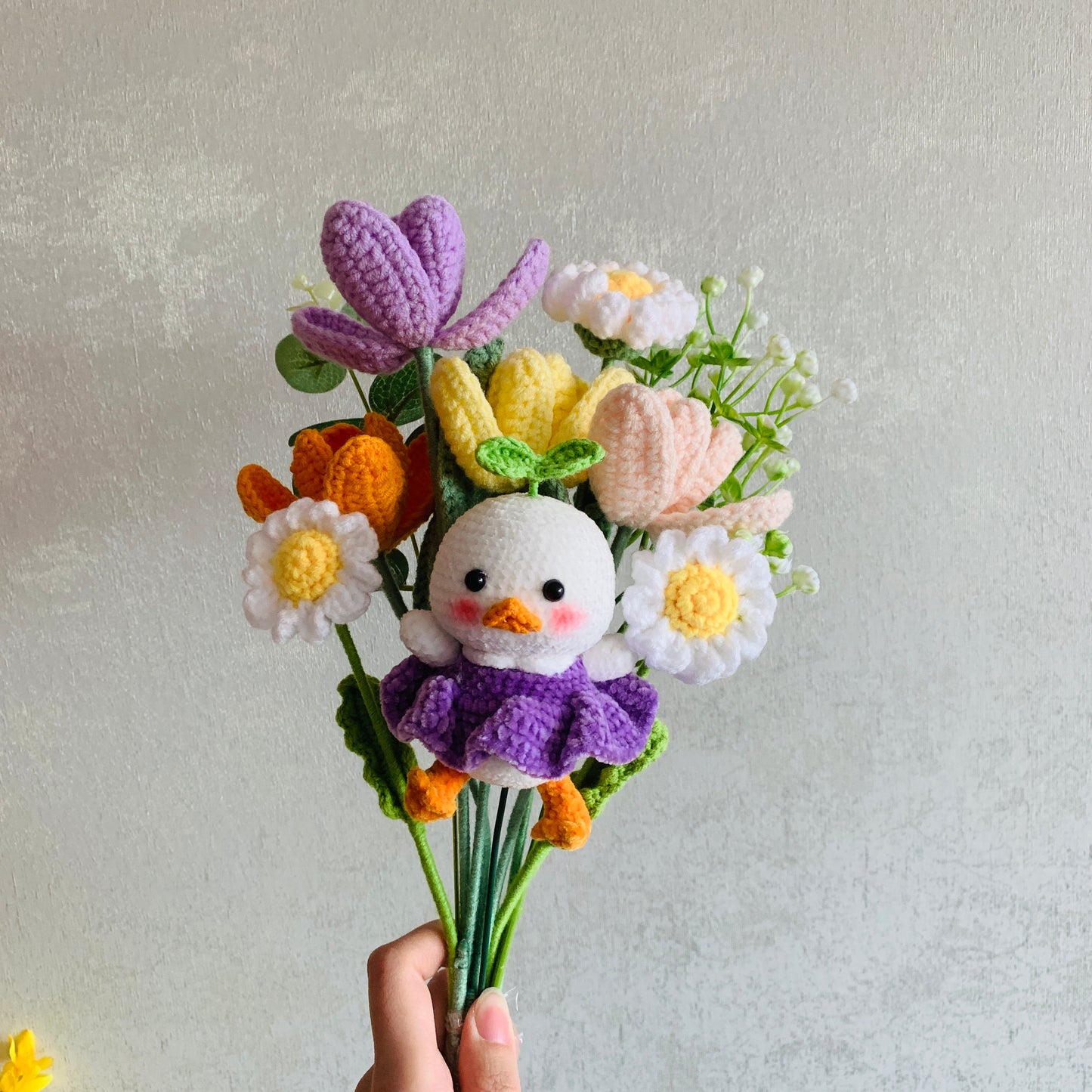 Crochet flowers, Duck with grass Tulip Daisy flower ornaments, cute A bunch of flower Anniversary bouquet Gift for her