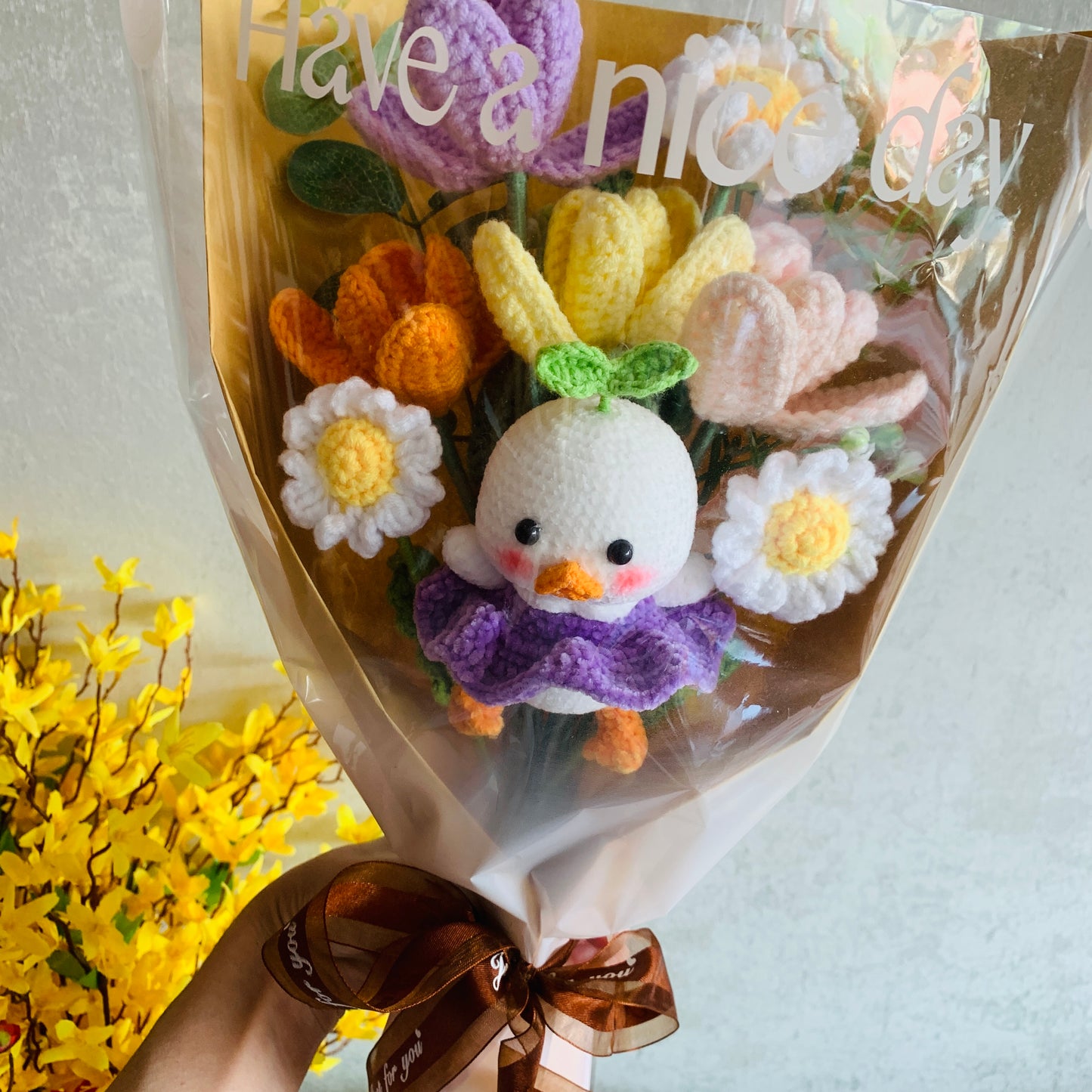 Crochet flowers, Duck with grass Tulip Daisy flower ornaments, cute A bunch of flower Anniversary bouquet Gift for her