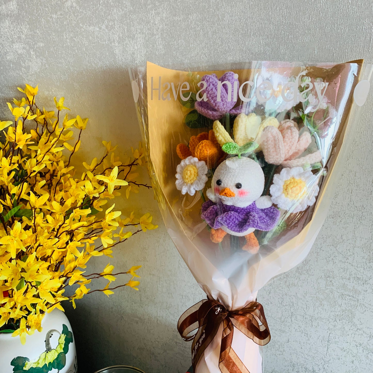 Crochet flowers, Duck with grass Tulip Daisy flower ornaments, cute A bunch of flower Anniversary bouquet Gift for her