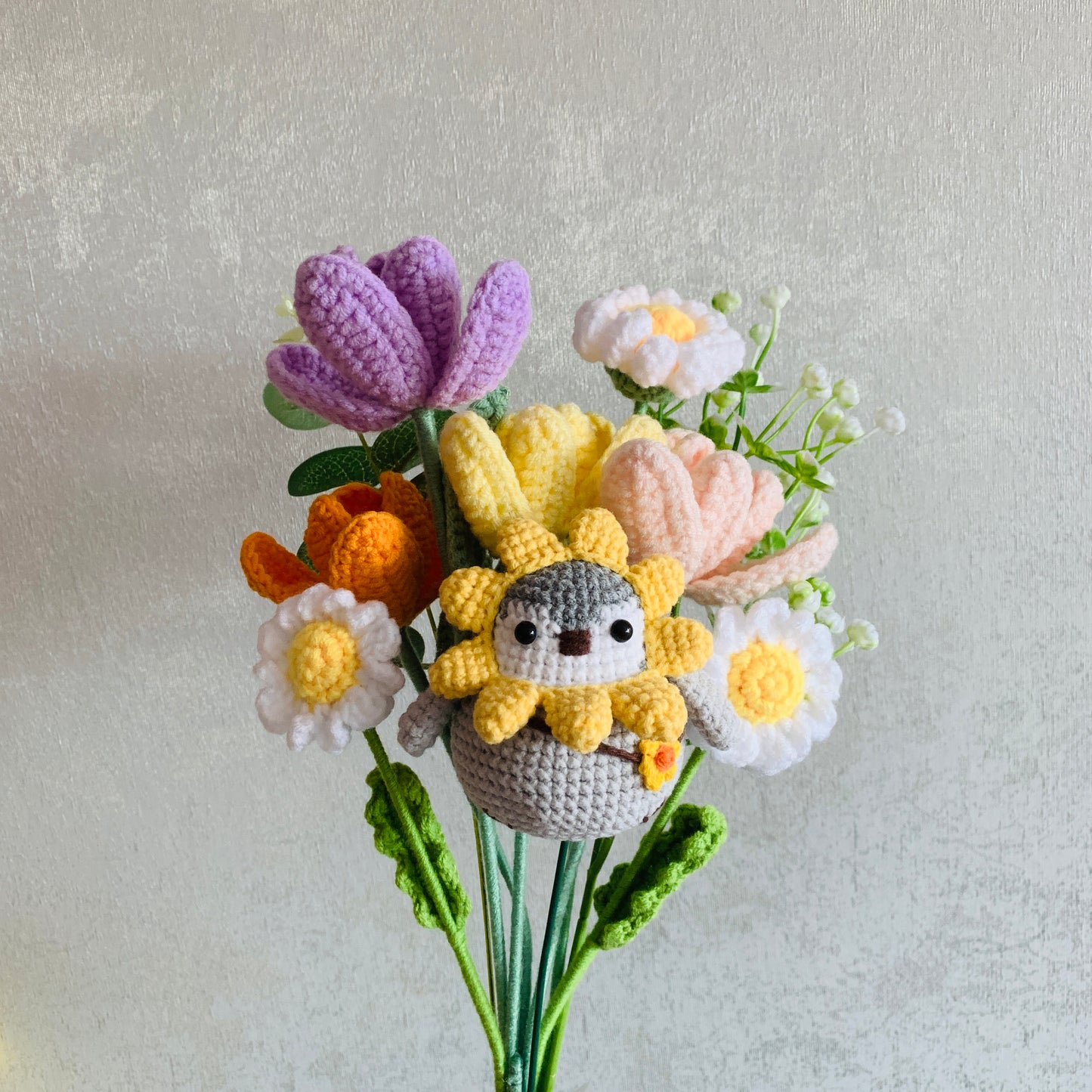 Crochet flowers, Sunflower penguin Tulip Daisy flower ornaments, cute A bunch of flower Anniversary bouquet Gift for her