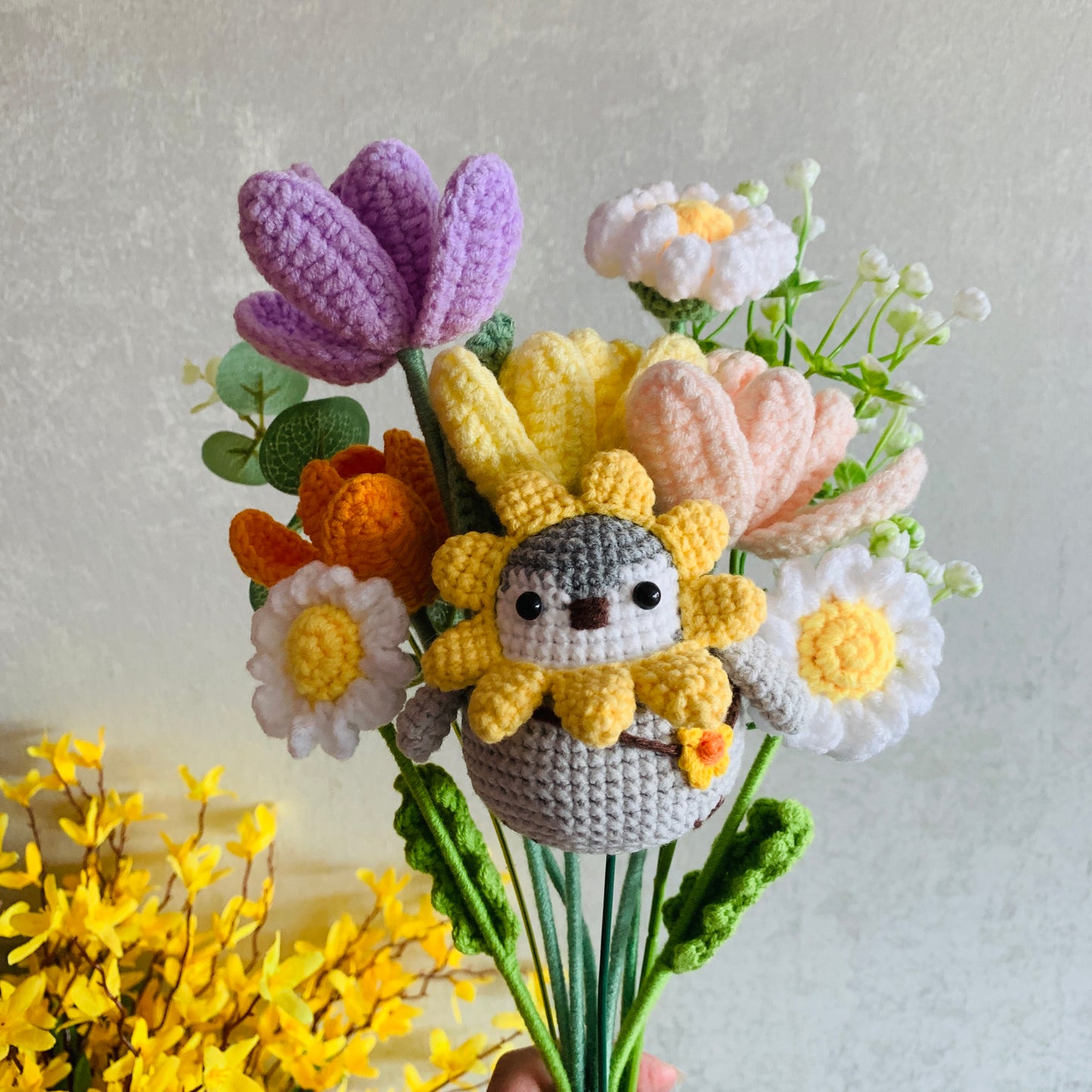 Crochet flowers, Sunflower penguin Tulip Daisy flower ornaments, cute A bunch of flower Anniversary bouquet Gift for her