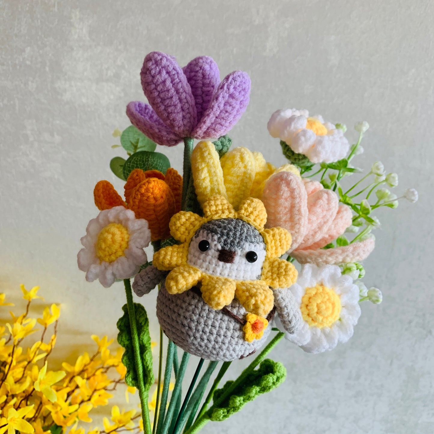 Crochet flowers, Sunflower penguin Tulip Daisy flower ornaments, cute A bunch of flower Anniversary bouquet Gift for her