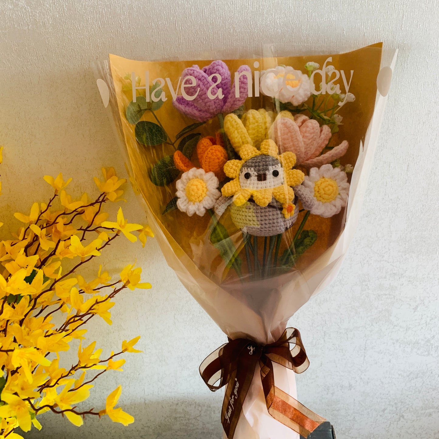 Crochet flowers, Sunflower penguin Tulip Daisy flower ornaments, cute A bunch of flower Anniversary bouquet Gift for her