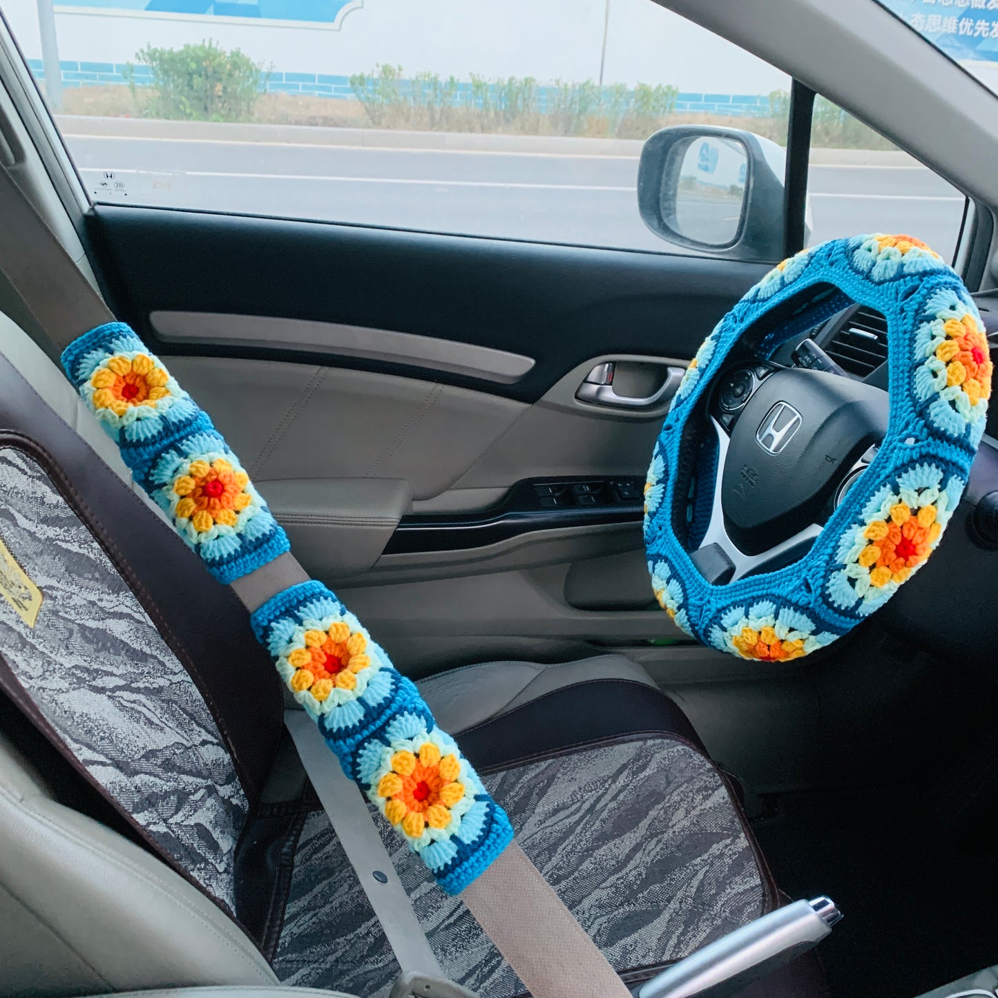 Steering Wheel Cover for women, handmade Crochet Galsang flower seat belt Cover, Car Accessories decorations