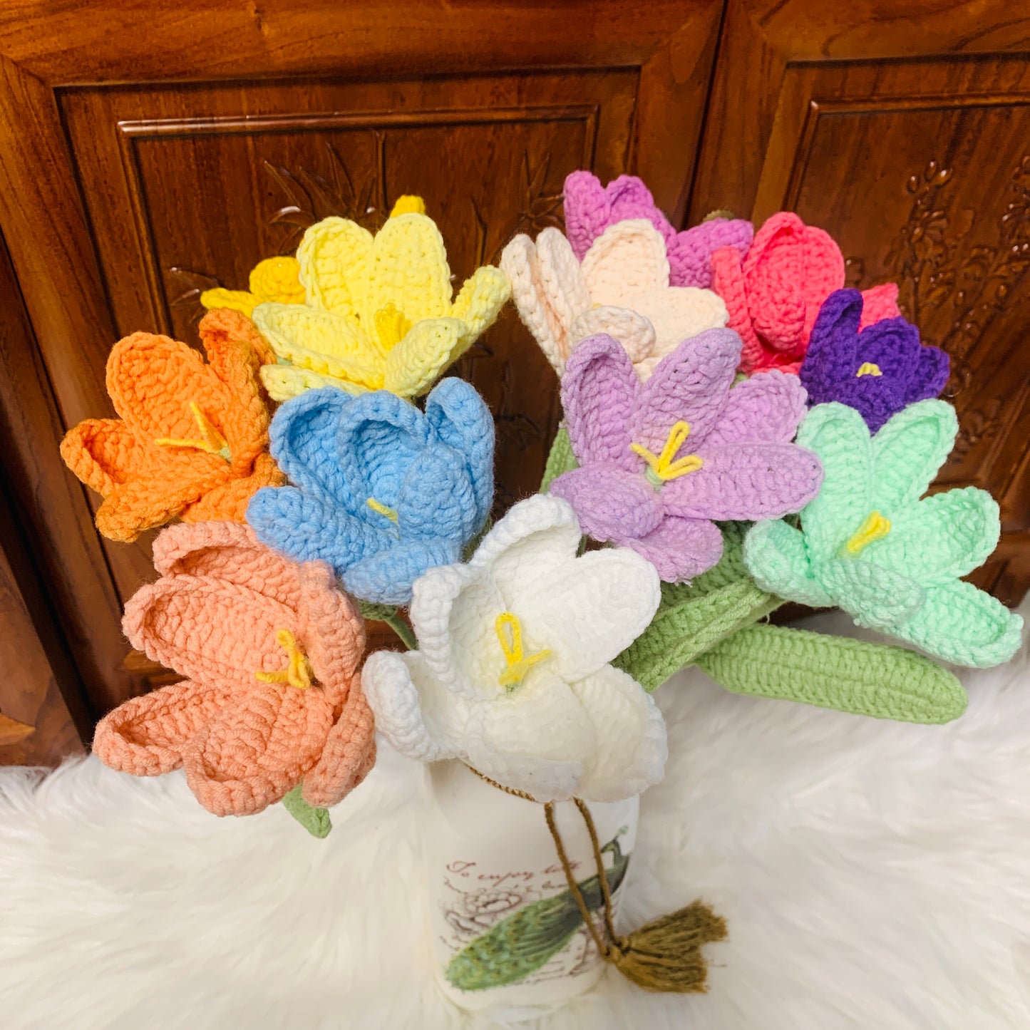 Crochet flowers tulip flower ornaments, Handmade knitted Flower Bouquet A bunch of flower Anniversary Home Decor Valentine's Gift for her