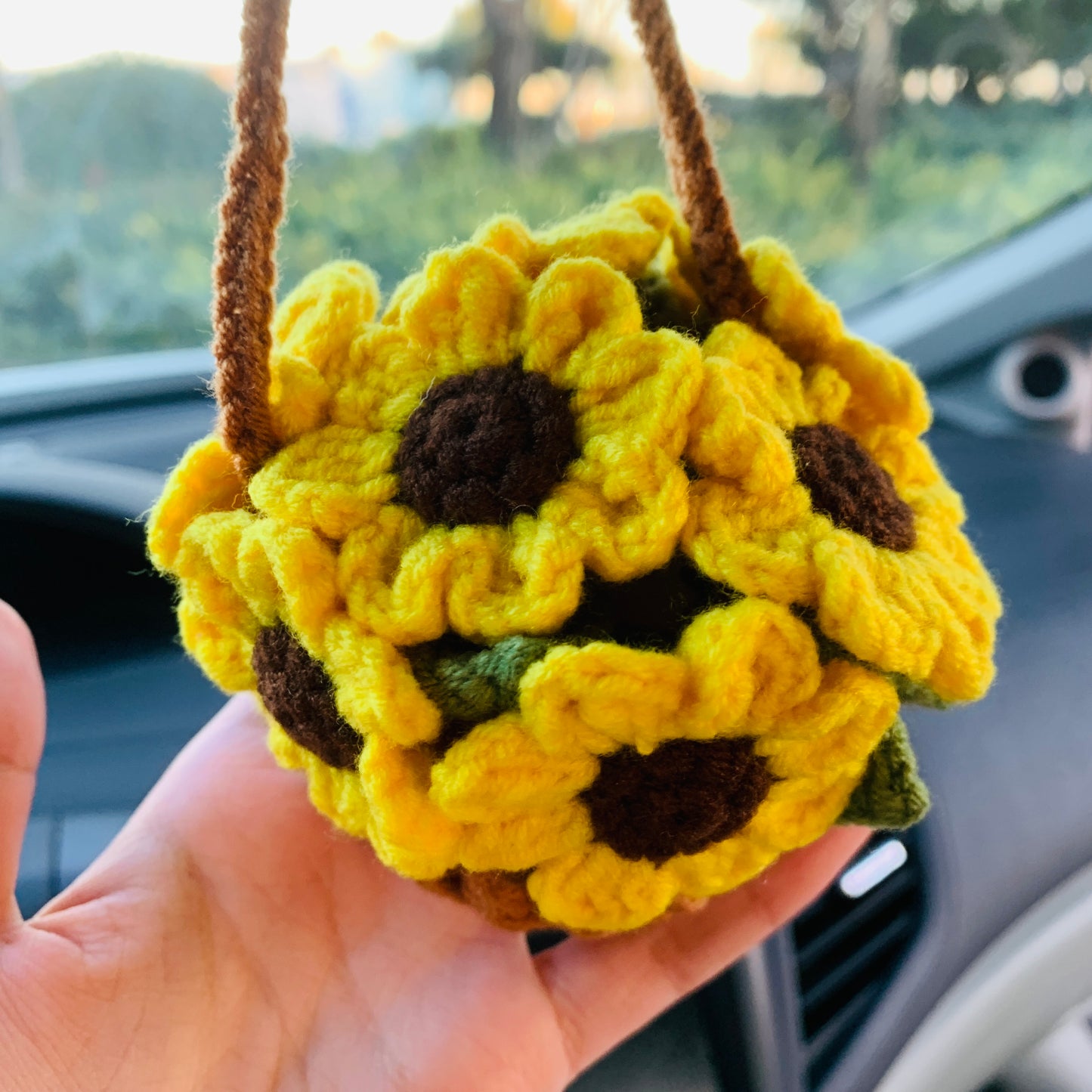 Crochet Cute sunflower basket kawaii Car Mirror Hanging Charm Fruit Decor Teens Interior Rear View Mirror car Accessories for Women