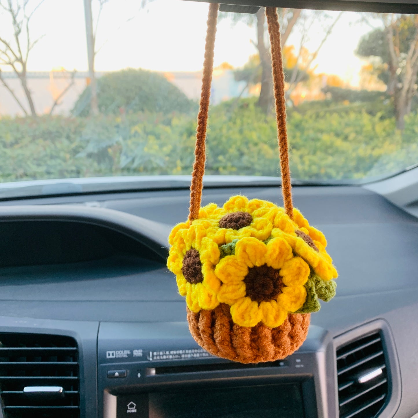 Crochet Cute sunflower basket kawaii Car Mirror Hanging Charm Fruit Decor Teens Interior Rear View Mirror car Accessories for Women