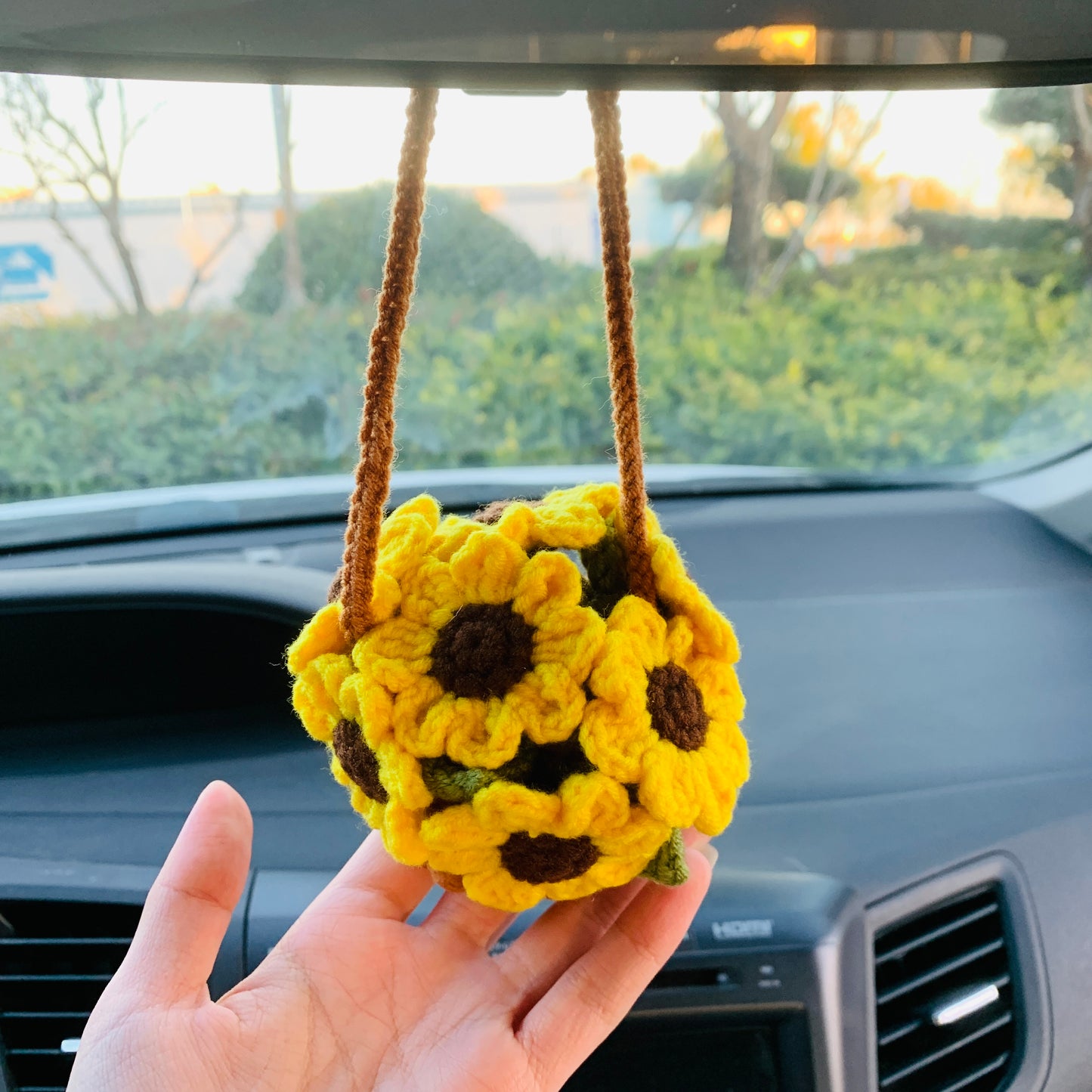 Crochet Cute sunflower basket kawaii Car Mirror Hanging Charm Fruit Decor Teens Interior Rear View Mirror car Accessories for Women