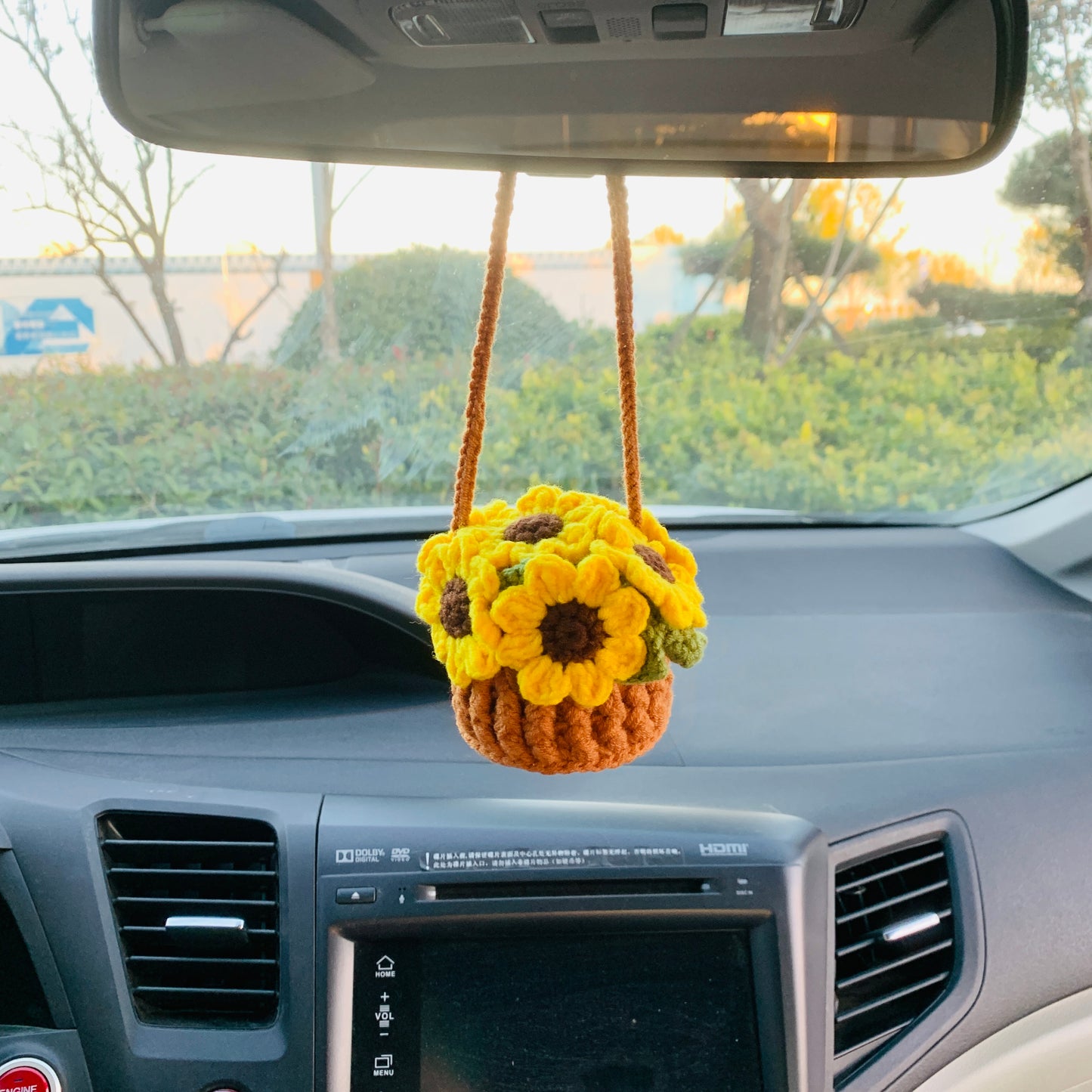 Crochet Cute sunflower basket kawaii Car Mirror Hanging Charm Fruit Decor Teens Interior Rear View Mirror car Accessories for Women