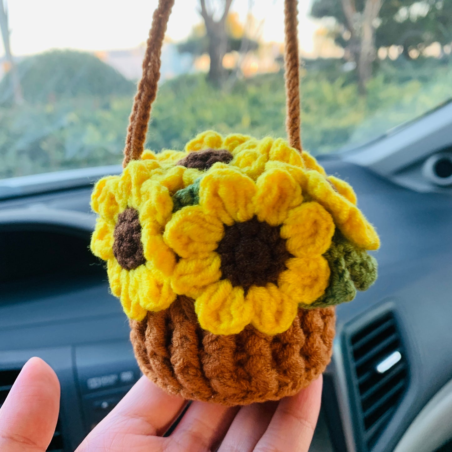 Crochet Cute sunflower basket kawaii Car Mirror Hanging Charm Fruit Decor Teens Interior Rear View Mirror car Accessories for Women