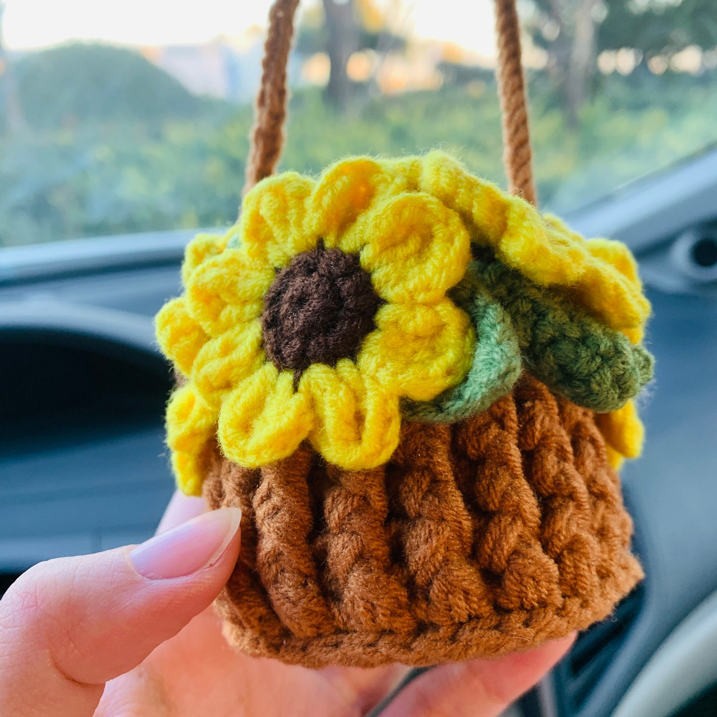 Crochet Cute sunflower basket kawaii Car Mirror Hanging Charm Fruit Decor Teens Interior Rear View Mirror car Accessories for Women