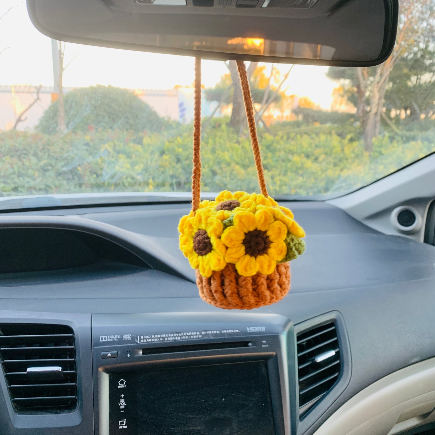 Crochet Cute sunflower basket kawaii Car Mirror Hanging Charm Fruit Decor Teens Interior Rear View Mirror car Accessories for Women