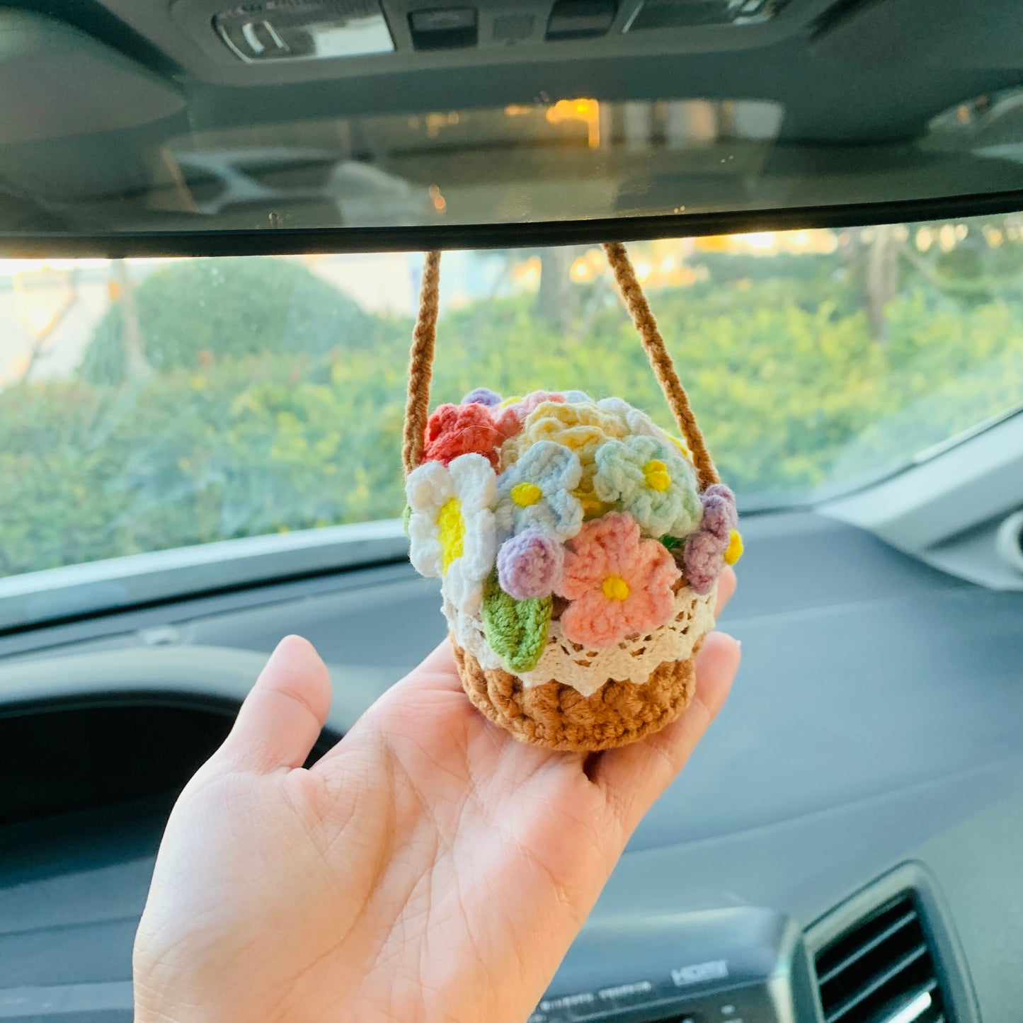 Cute Mini flower basket Car Mirror Hanging Interior Rear View Mirror Flower Car Accessories Crochet car gift