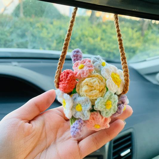 Cute Mini flower basket Car Mirror Hanging Interior Rear View Mirror Flower Car Accessories Crochet car gift