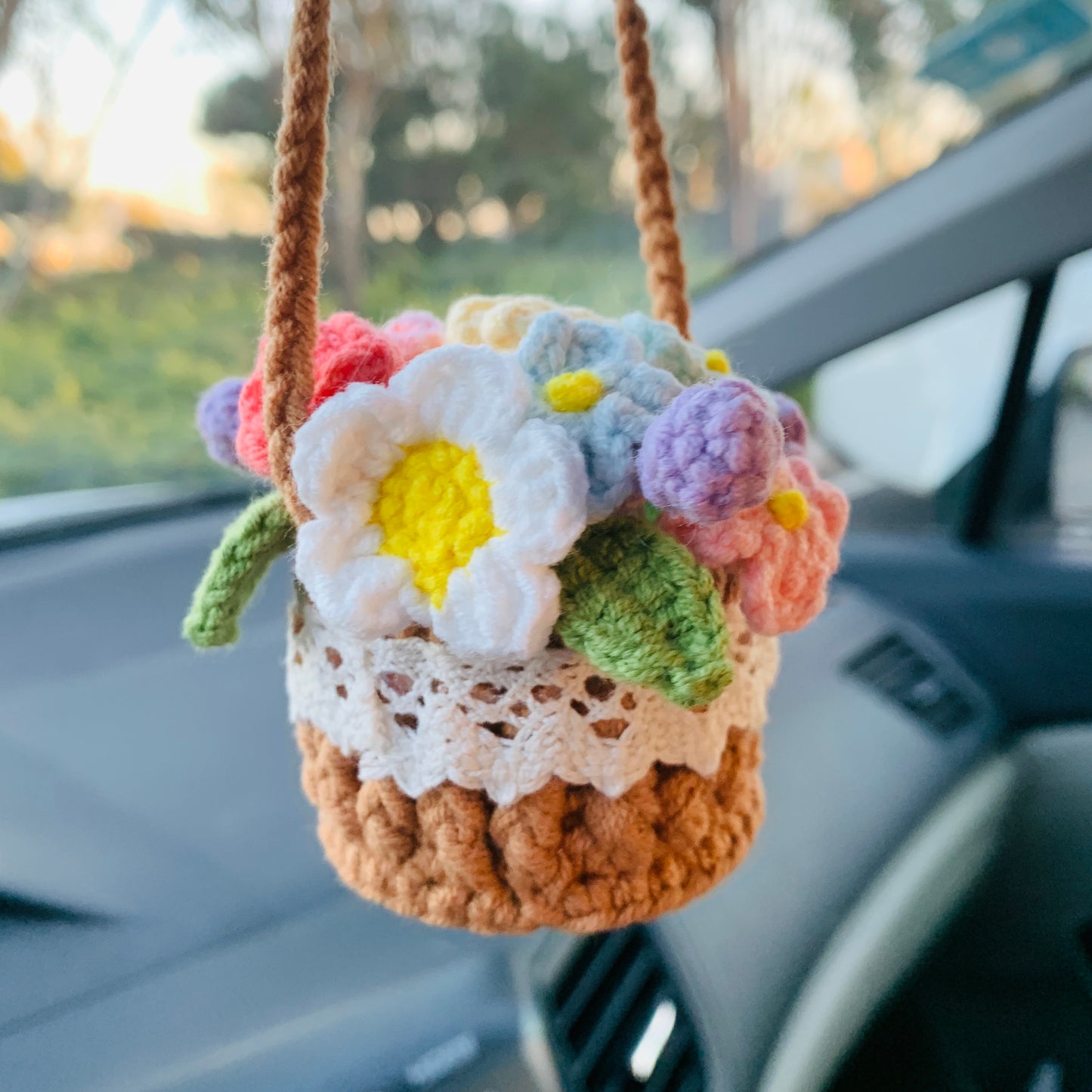 Cute Mini flower basket Car Mirror Hanging Interior Rear View Mirror Flower Car Accessories Crochet car gift