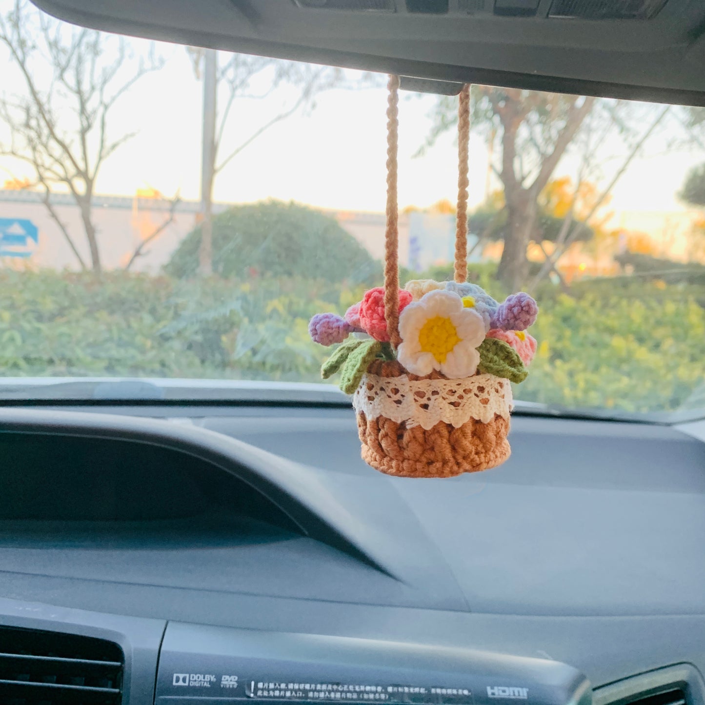 Cute Mini flower basket Car Mirror Hanging Interior Rear View Mirror Flower Car Accessories Crochet car gift