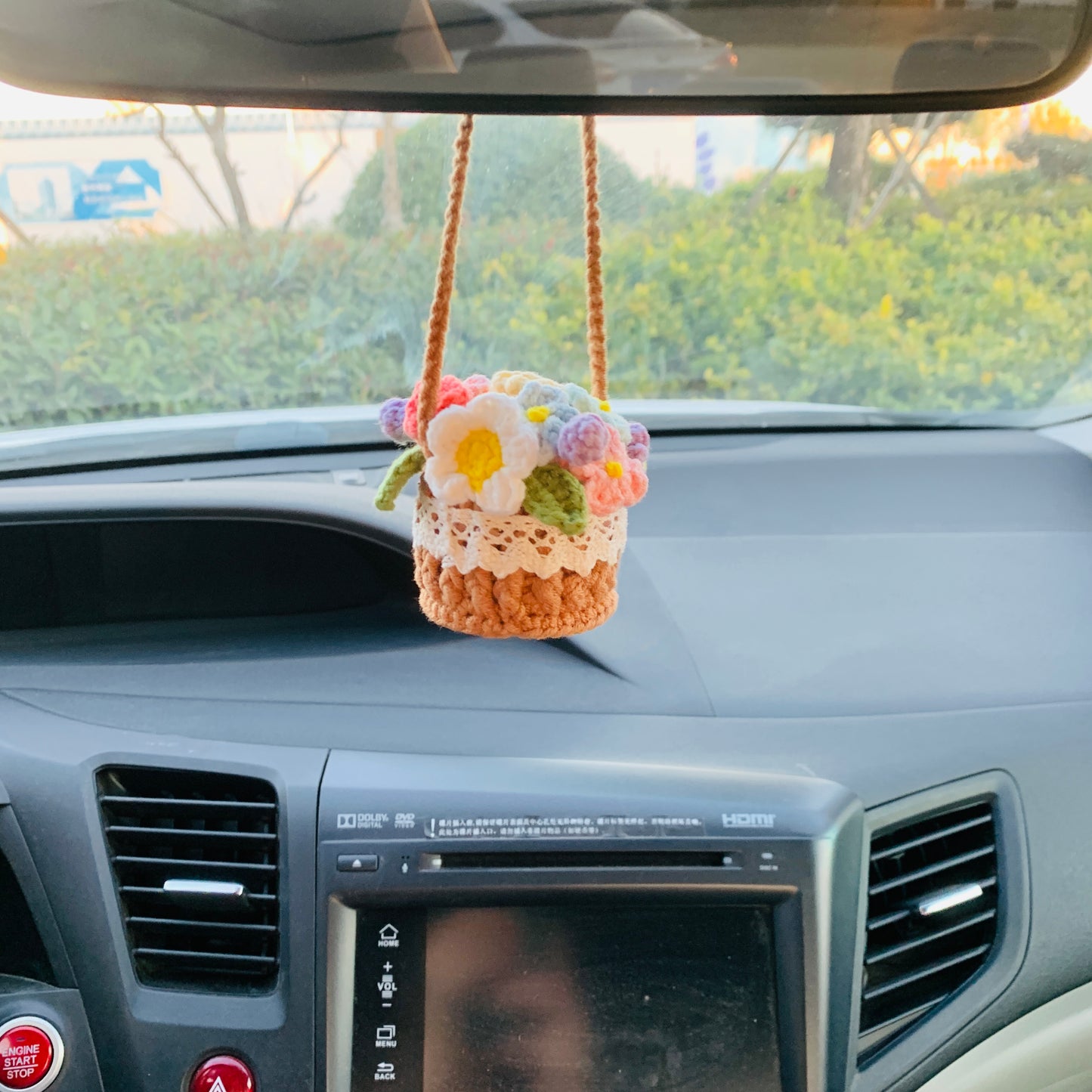 Cute Mini flower basket Car Mirror Hanging Interior Rear View Mirror Flower Car Accessories Crochet car gift