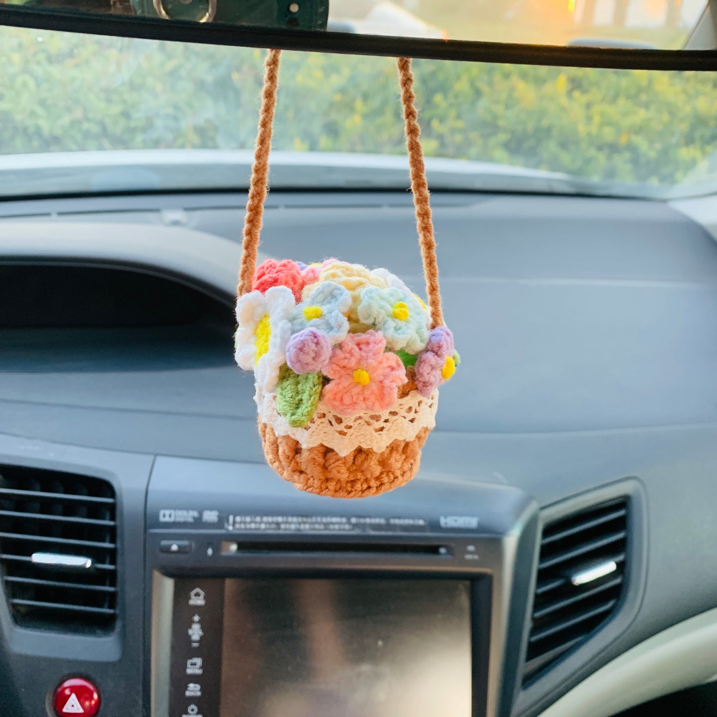 Cute Mini flower basket Car Mirror Hanging Interior Rear View Mirror Flower Car Accessories Crochet car gift