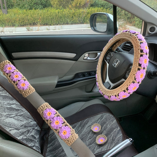 Steering Wheel Cover for women, Crochet cute Purple Daisy Flower seat belt Cover, Car Accessories decorations