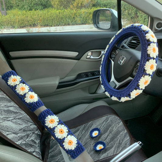 Steering Wheel Cover for women, Crochet Blue Daisy flower seat belt Cover, Car Accessories decorations