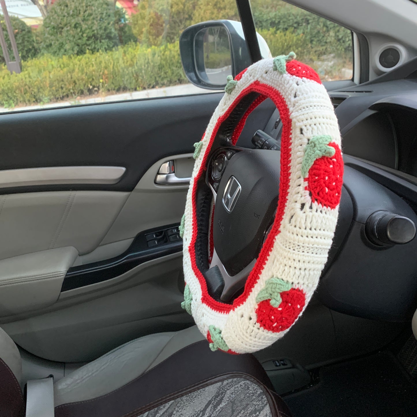 Steering Wheel Cover for women, handmade Crochet cute strawberry flower seat belt Cover, Car Accessories decorations car Interior decor