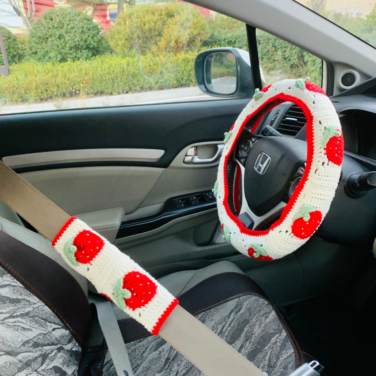 Steering Wheel Cover for women, handmade Crochet cute strawberry flower seat belt Cover, Car Accessories decorations car Interior decor