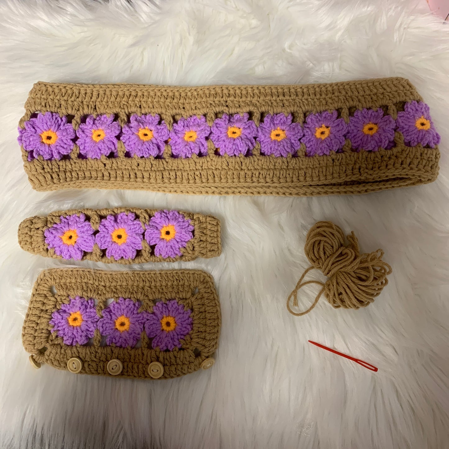 Steering Wheel Cover for women, Crochet cute Purple Daisy Flower seat belt Cover, Car Accessories decorations