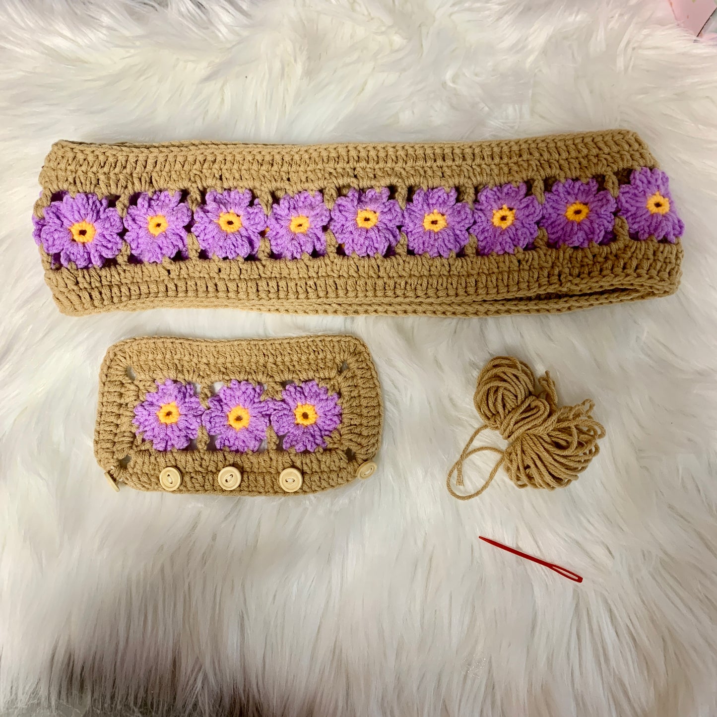 Steering Wheel Cover for women, Crochet cute Purple Daisy Flower seat belt Cover, Car Accessories decorations