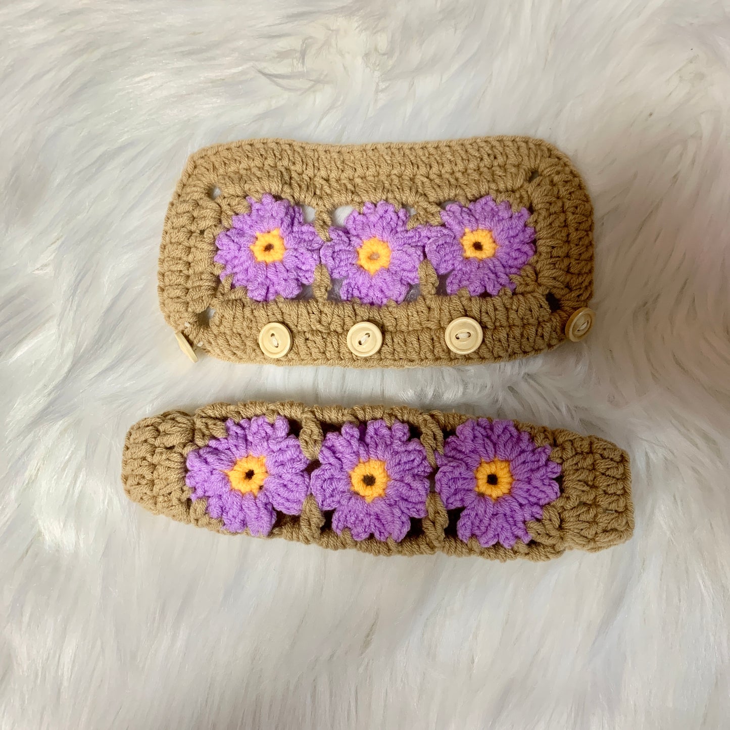 Steering Wheel Cover for women, Crochet cute Purple Daisy Flower seat belt Cover, Car Accessories decorations