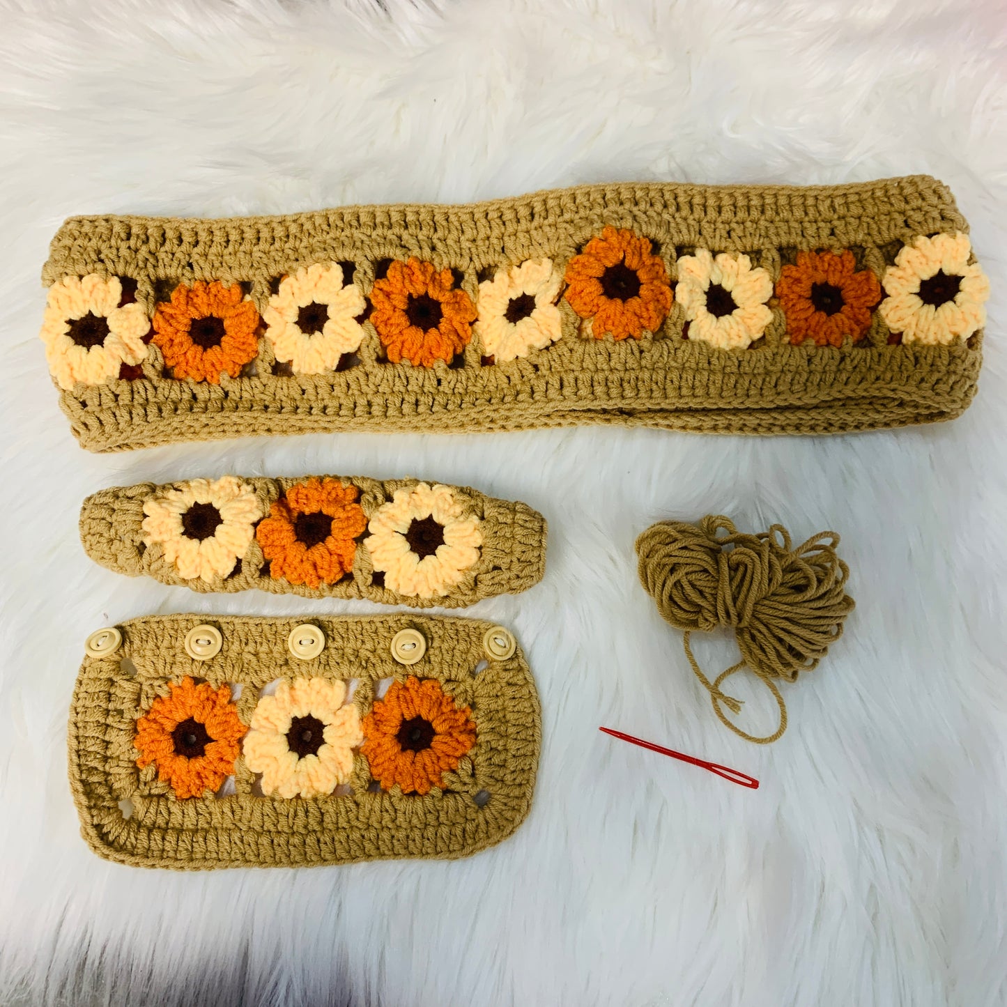 Steering Wheel Cover for women, Crochet handmade cute flower seat belt Cover, Car Accessories decorations