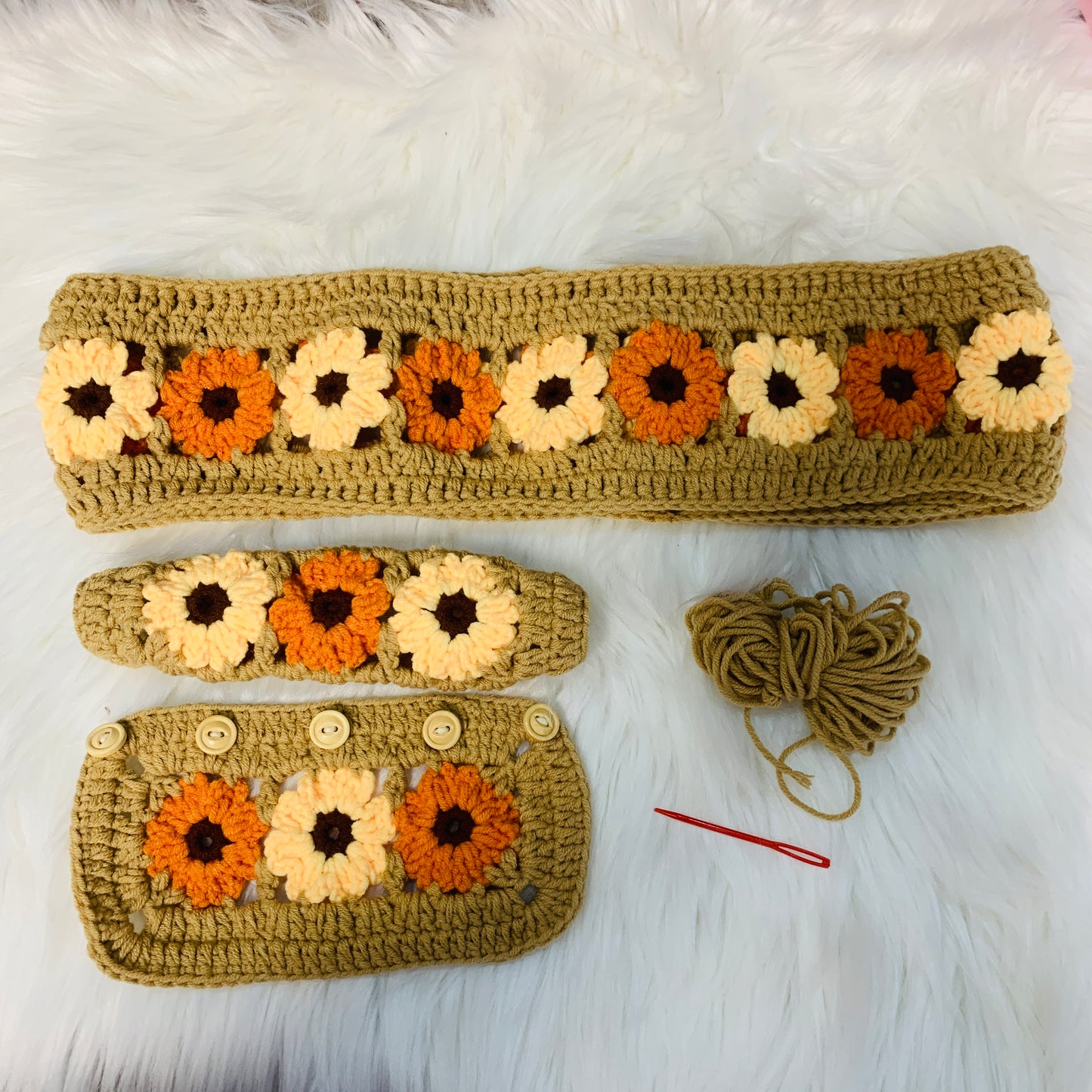 Steering Wheel Cover for women, Crochet handmade cute flower seat belt Cover, Car Accessories decorations