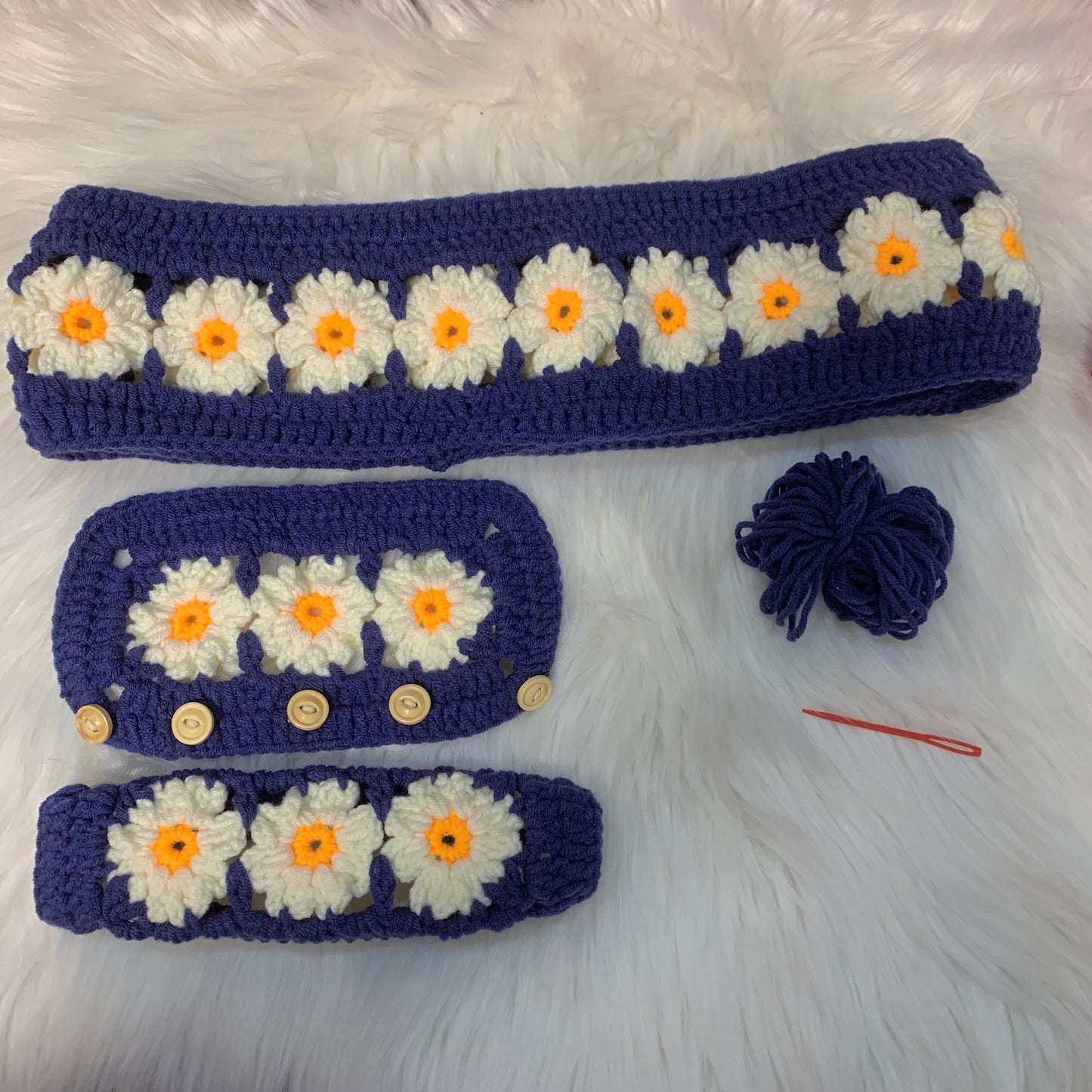 Steering Wheel Cover for women, Crochet Blue Daisy flower seat belt Cover, Car Accessories decorations