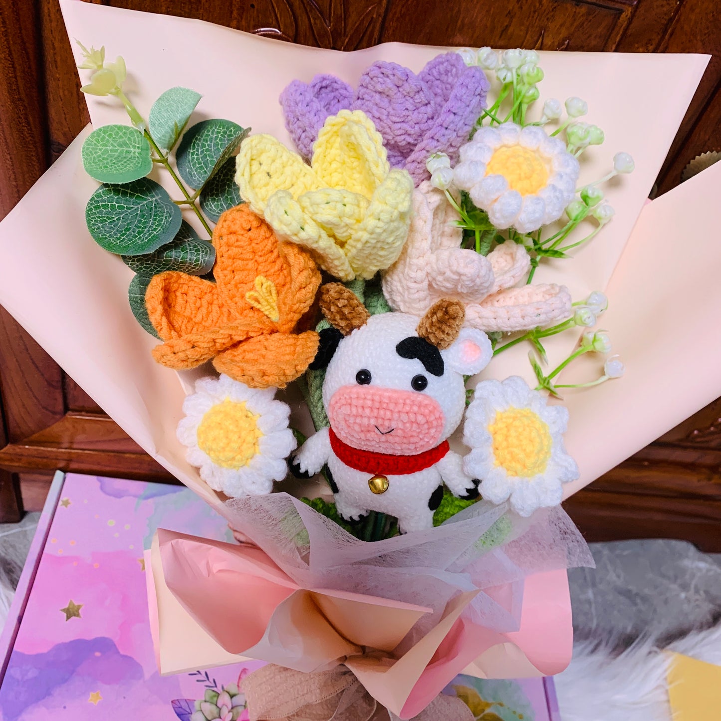 Crochet flowers, cute Cow Tulip Daisy flower ornaments, knitting A bunch of flower Anniversary bouquet Gift for her