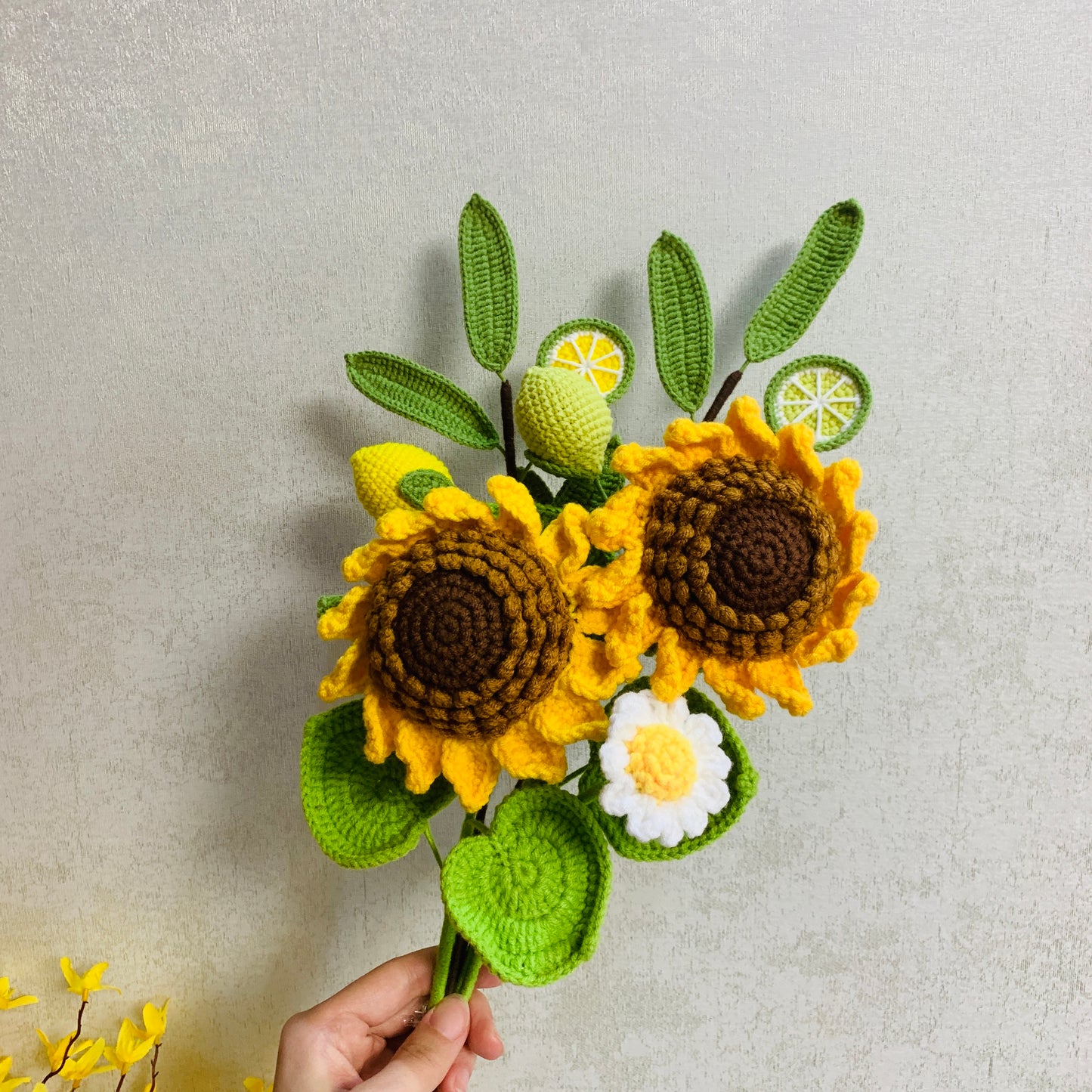 Crochet flowers, cute Lemon flower sunflower Daisy flower ornaments, knitting A bunch of flower Anniversary bouquet Gift for her