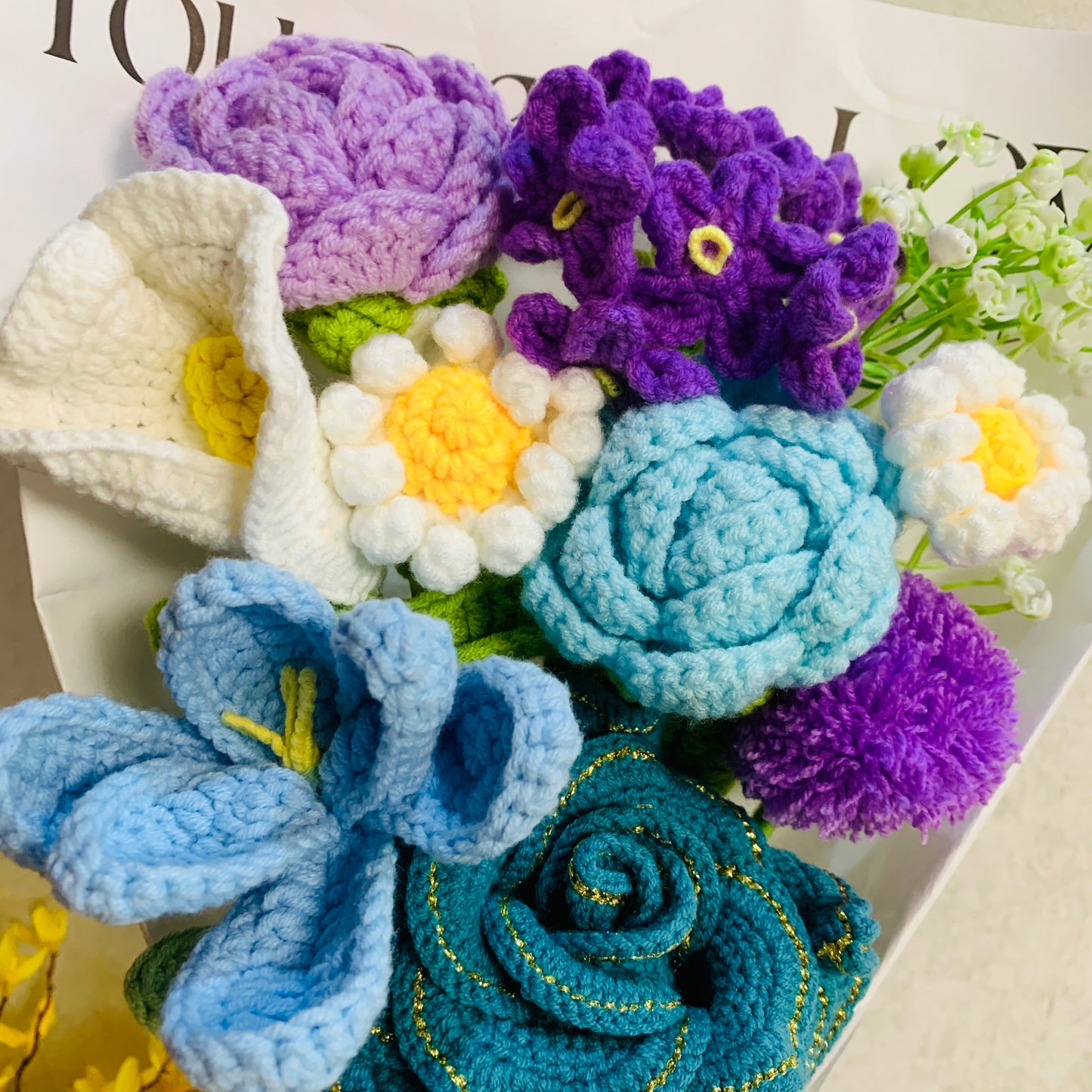 Crochet flowers, cute rose Tulip Daisy flower ornaments, knitting A bunch of flower Anniversary bouquet Gift for her