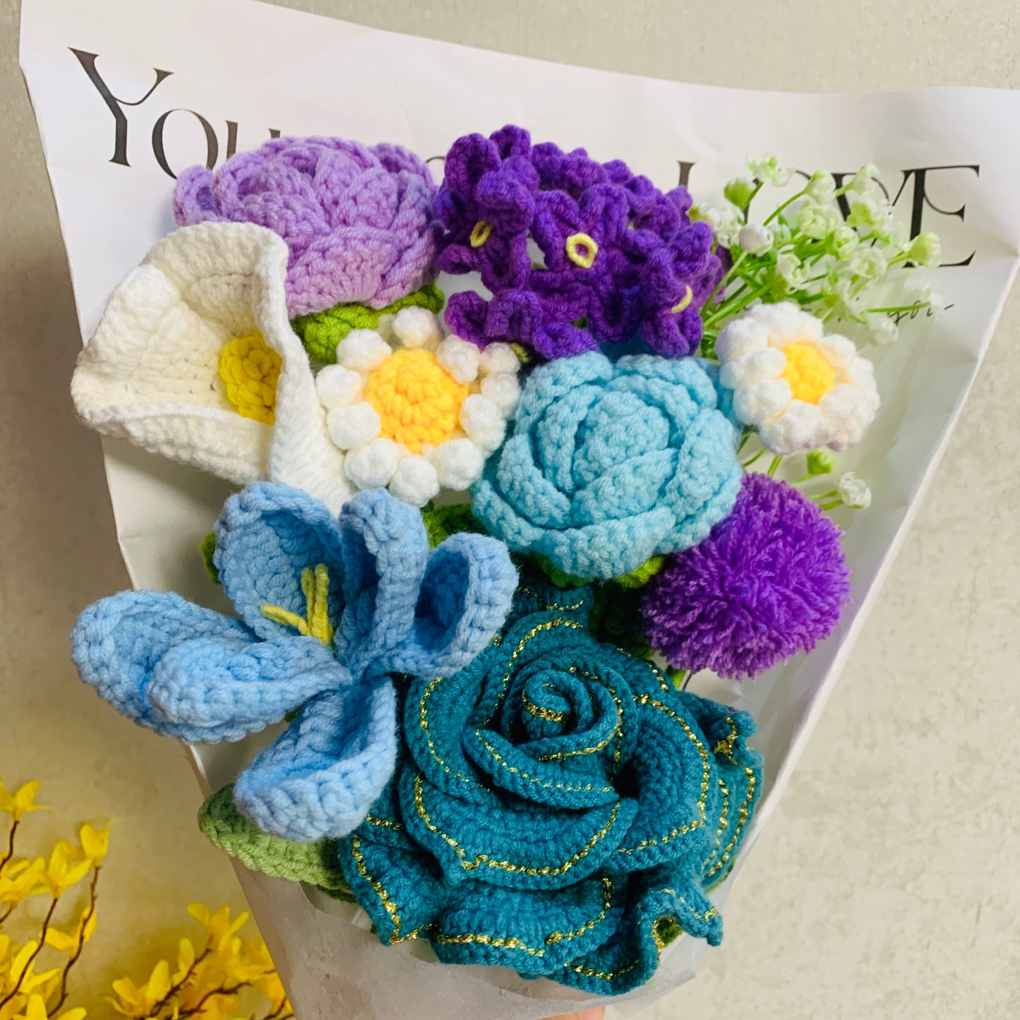 Crochet flowers, cute rose Tulip Daisy flower ornaments, knitting A bunch of flower Anniversary bouquet Gift for her