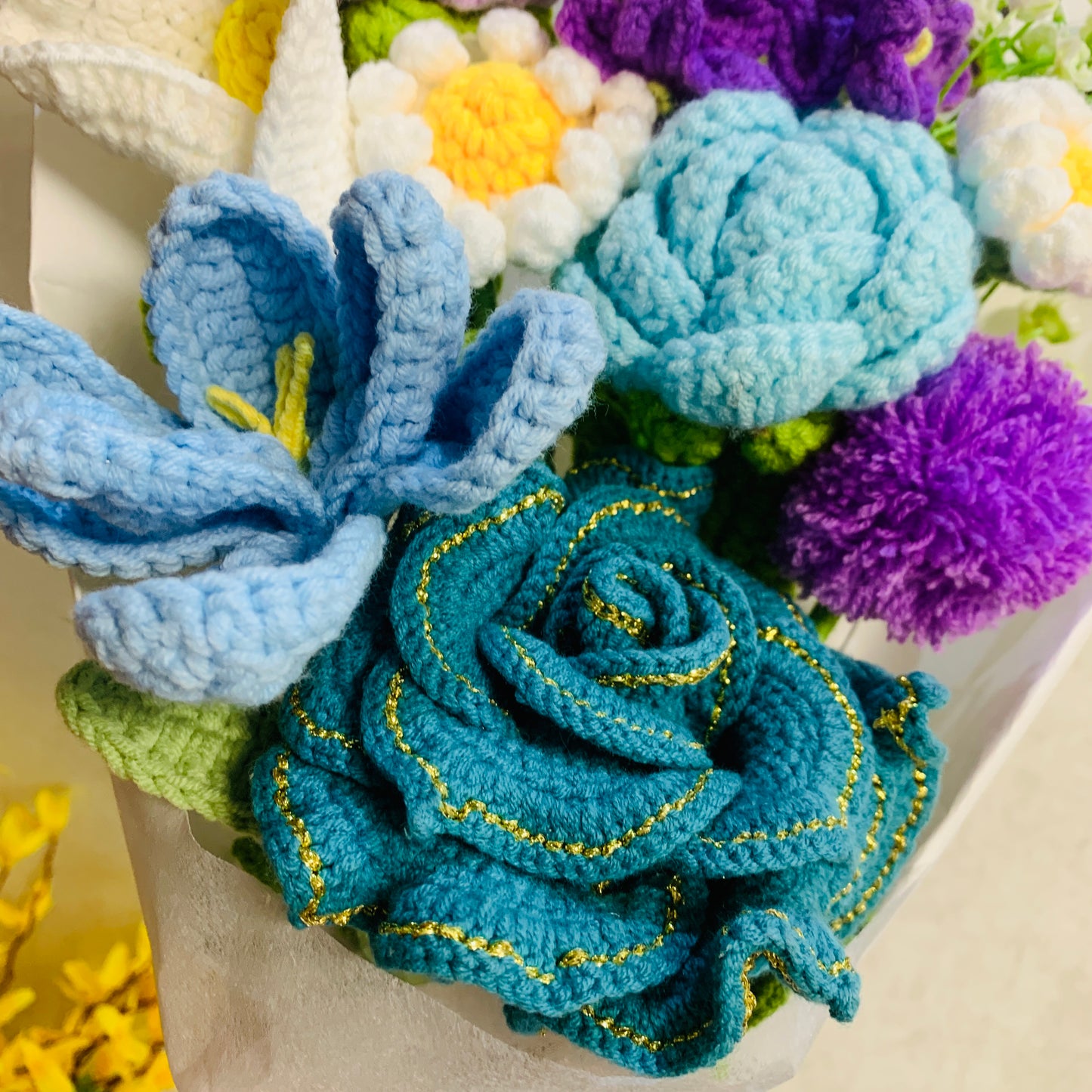 Crochet flowers, cute rose Tulip Daisy flower ornaments, knitting A bunch of flower Anniversary bouquet Gift for her