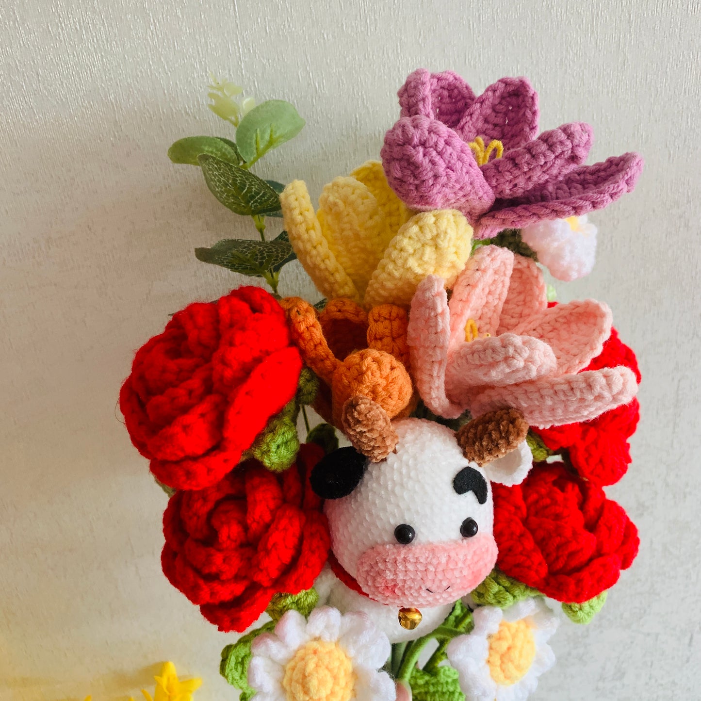 Crochet flowers, Cow red rose Tulip Daisy flower ornaments, cute A bunch of flower Anniversary bouquet Gift for her