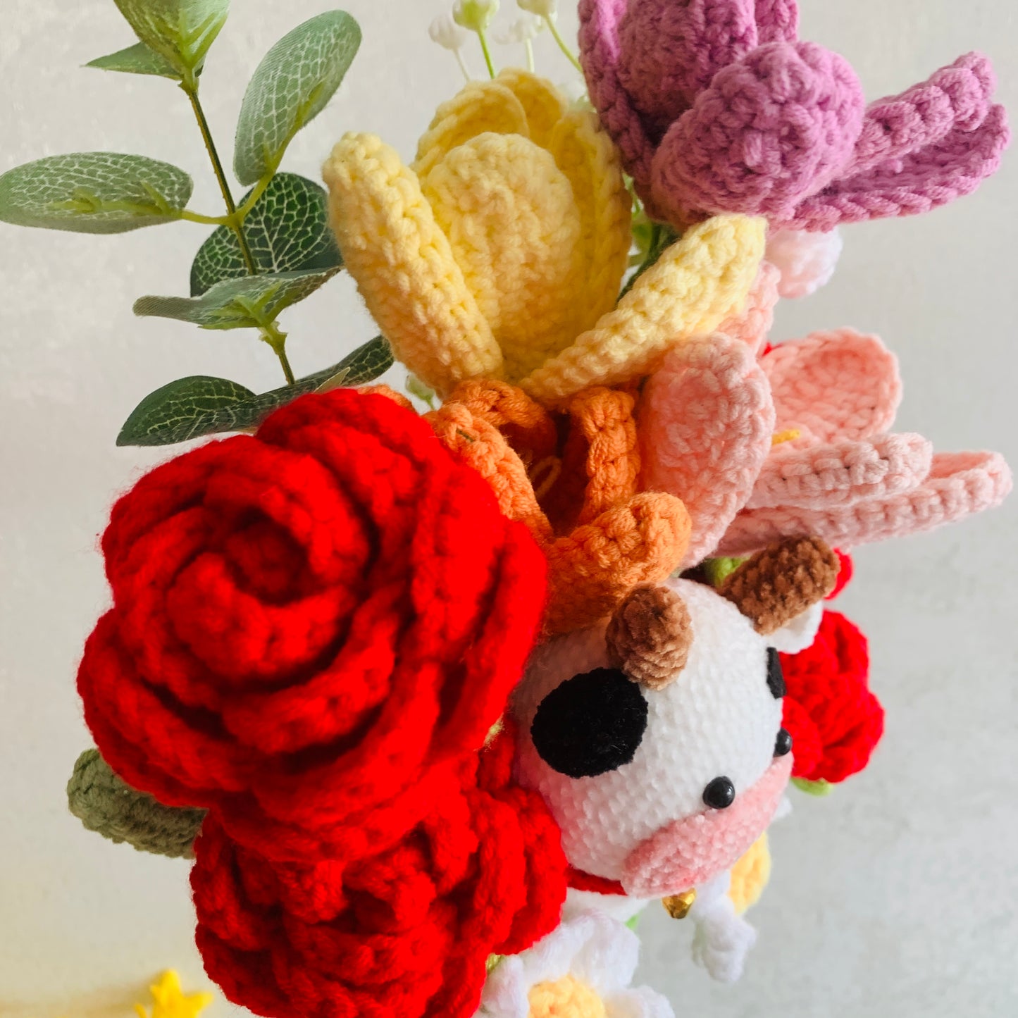 Crochet flowers, Cow red rose Tulip Daisy flower ornaments, cute A bunch of flower Anniversary bouquet Gift for her