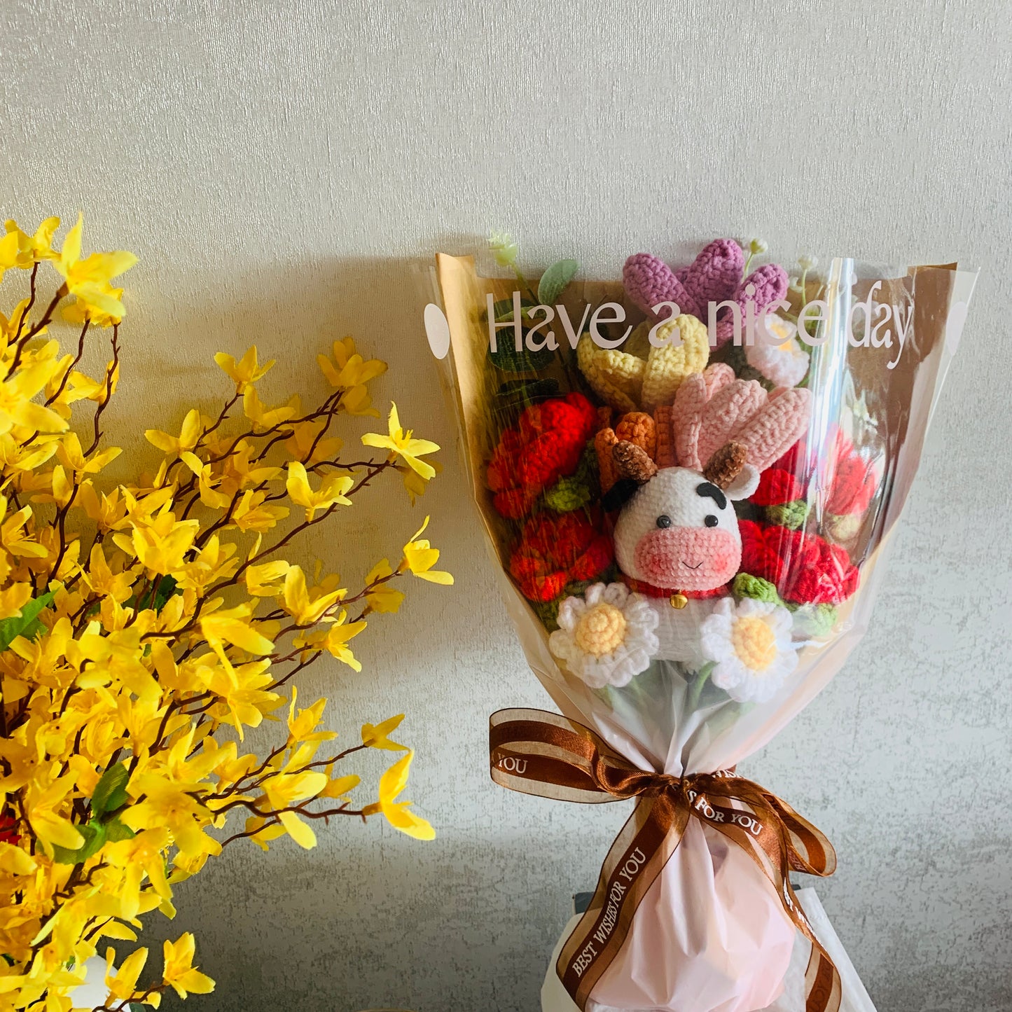 Crochet flowers, Cow red rose Tulip Daisy flower ornaments, cute A bunch of flower Anniversary bouquet Gift for her