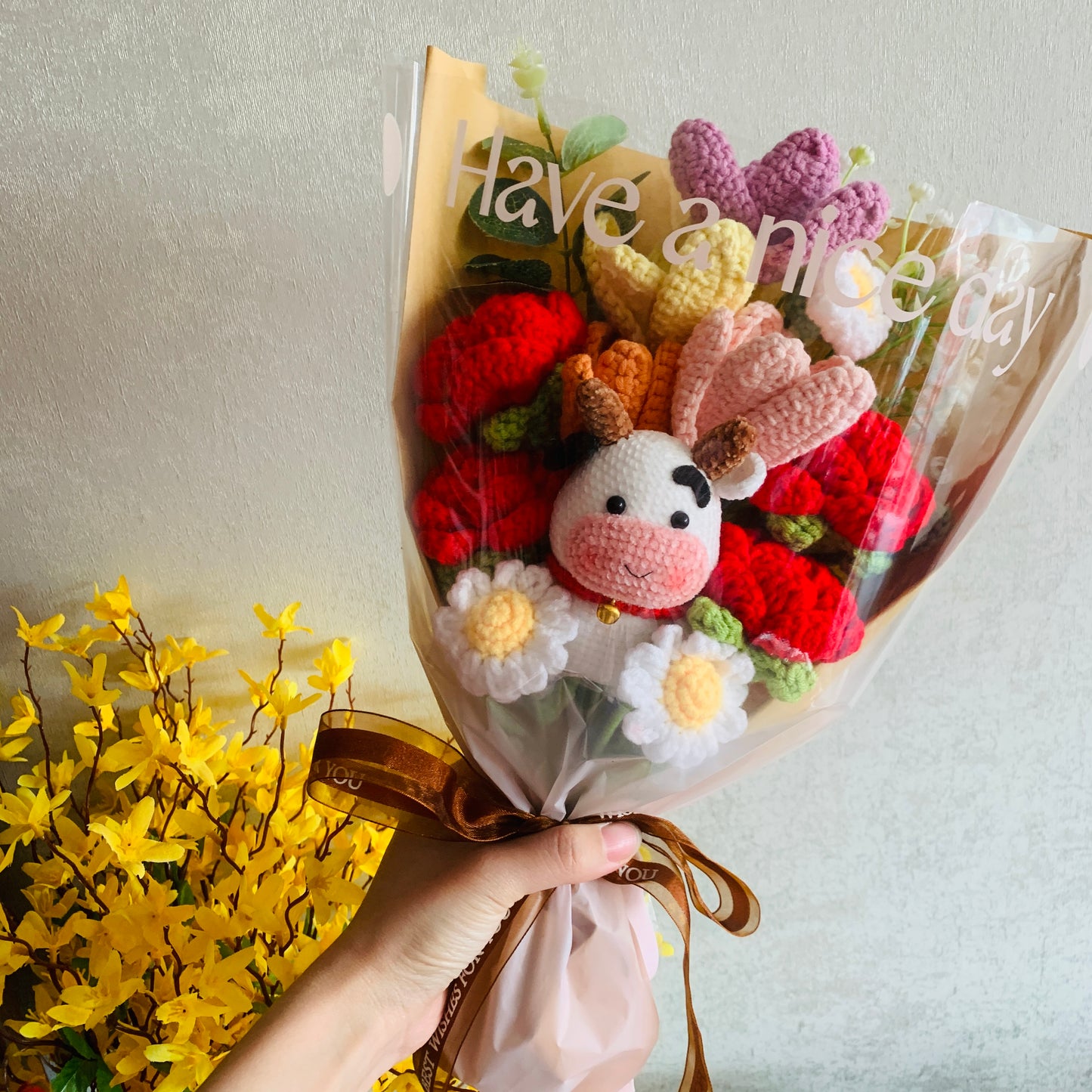 Crochet flowers, Cow red rose Tulip Daisy flower ornaments, cute A bunch of flower Anniversary bouquet Gift for her